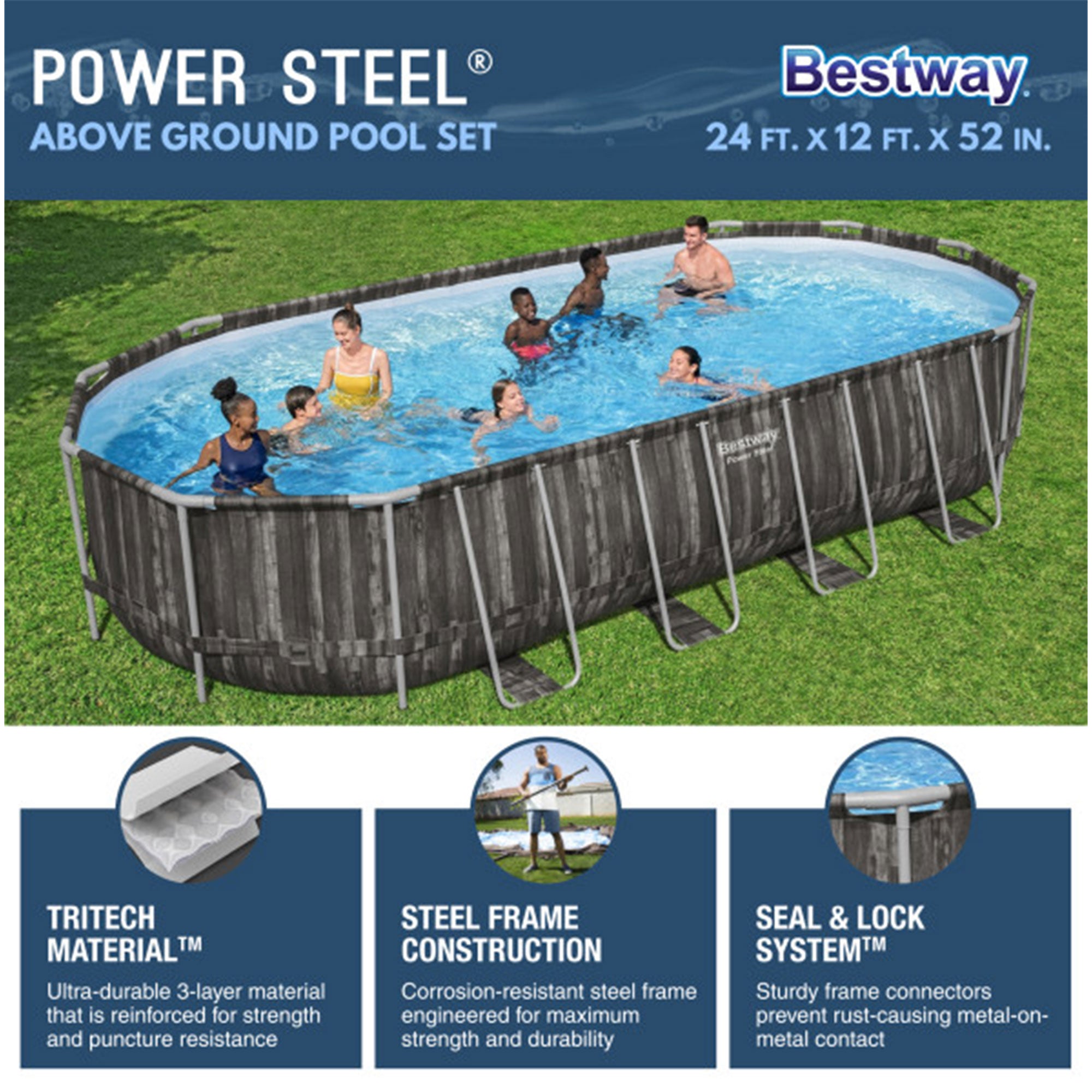 Bestway Power Steel 24’ x 12’ x 52” Oval Outdoor Swimming Pool Set (Open Box) - VMInnovations