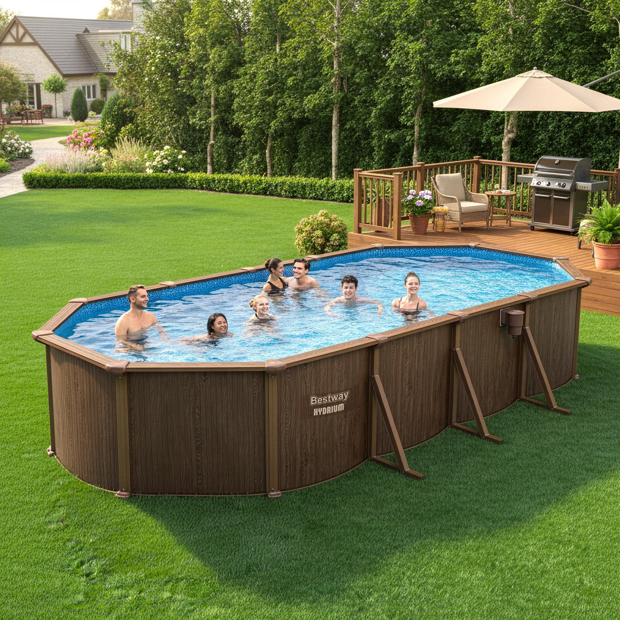 Bestway Hydrium 24'x12'x52" Oval Above Ground Swimming Pool Set, Brown Woodgrain - VMInnovations