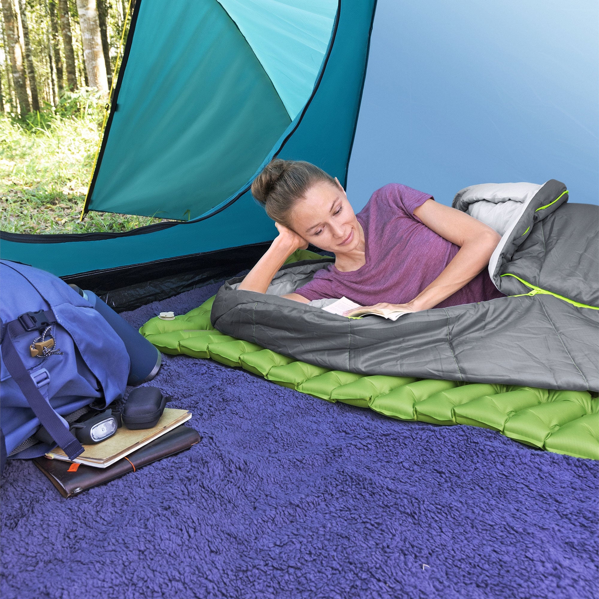 Bestway WanderLite Large Rectangular Sleeping Air Pad with Storage Bag, Green - VMInnovations