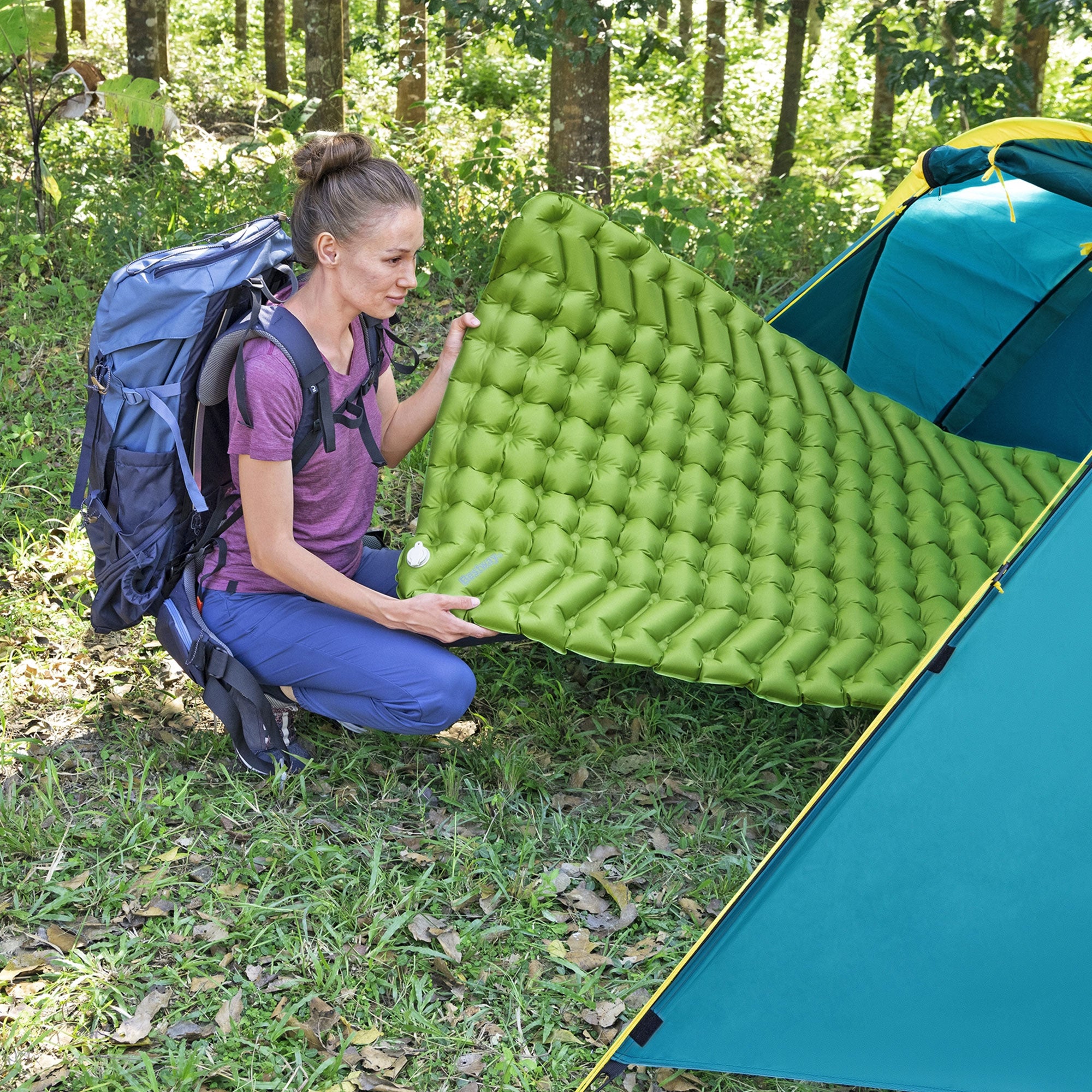 Bestway WanderLite Large Rectangular Sleeping Air Pad with Storage Bag, Green - VMInnovations