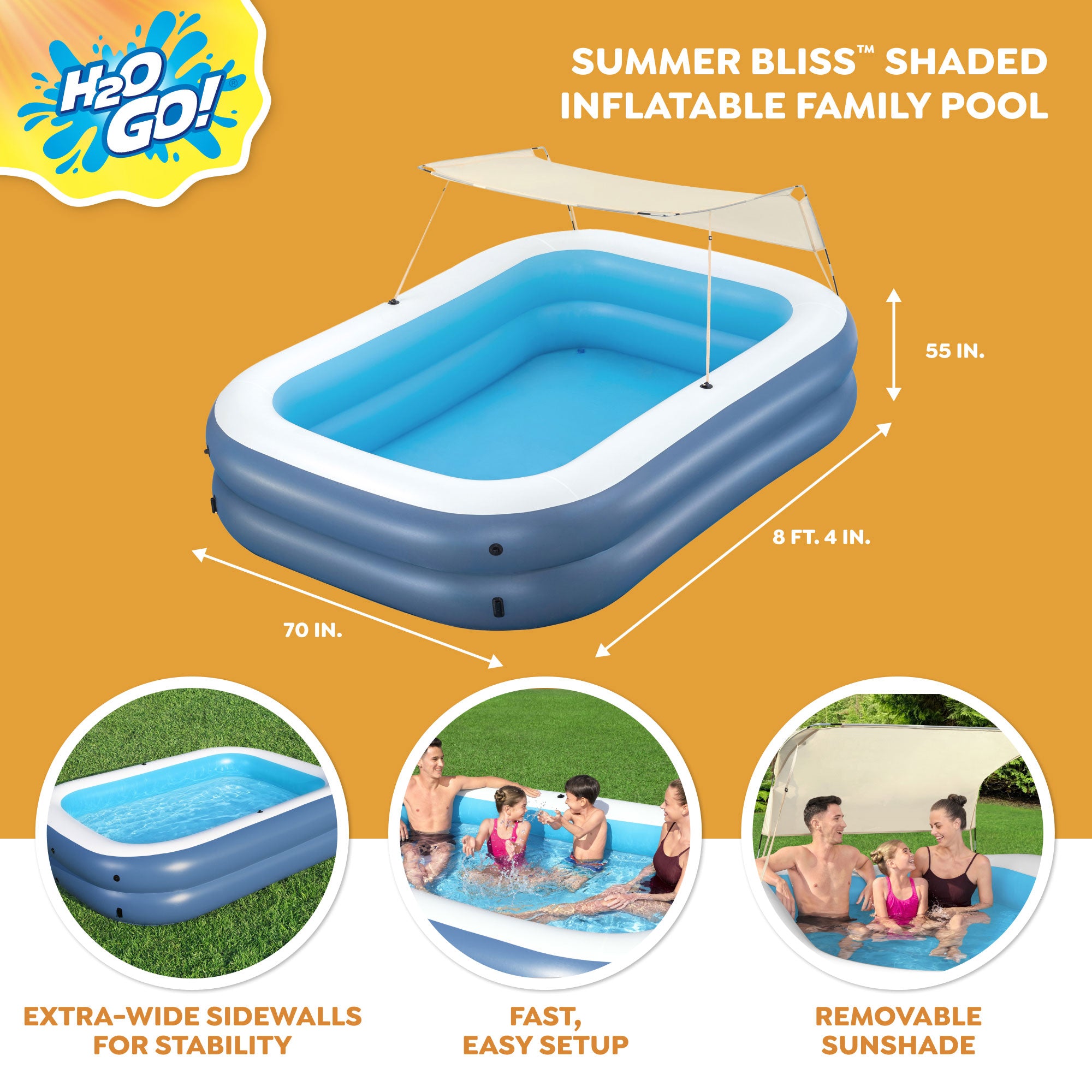 H2OGO! 8 Foot 4 Inch x 70 Inch Summer Bliss Shade Inflatable Family Pool, 2 Pack