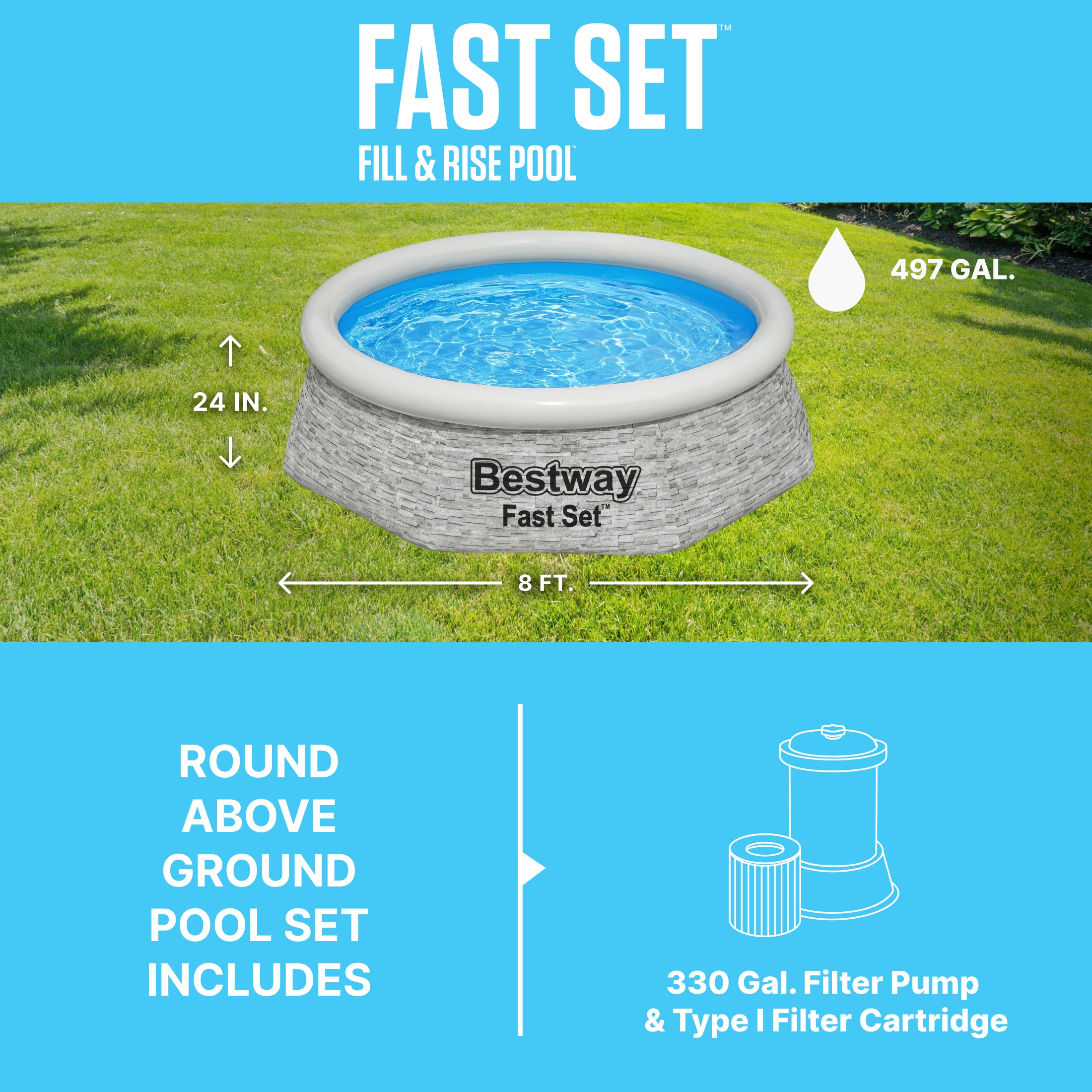 Bestway 8' x 24" Round Inflatable Outdoor Swimming Pool with Filter Pump, Gray - VMInnovations