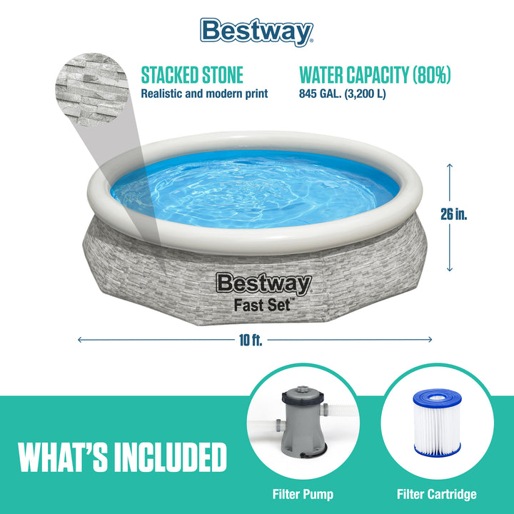 Bestway Fast Set 10' x 26" Stacked Stone Inflatable Swimming Pool Outdoor Set - VMInnovations