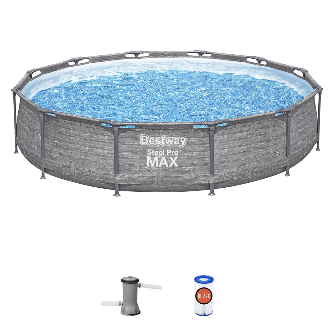Bestway Steel Pro MAX 12'x30" Above Ground Outdoor Swimming Pool Set, Gray(Used) - VMInnovations