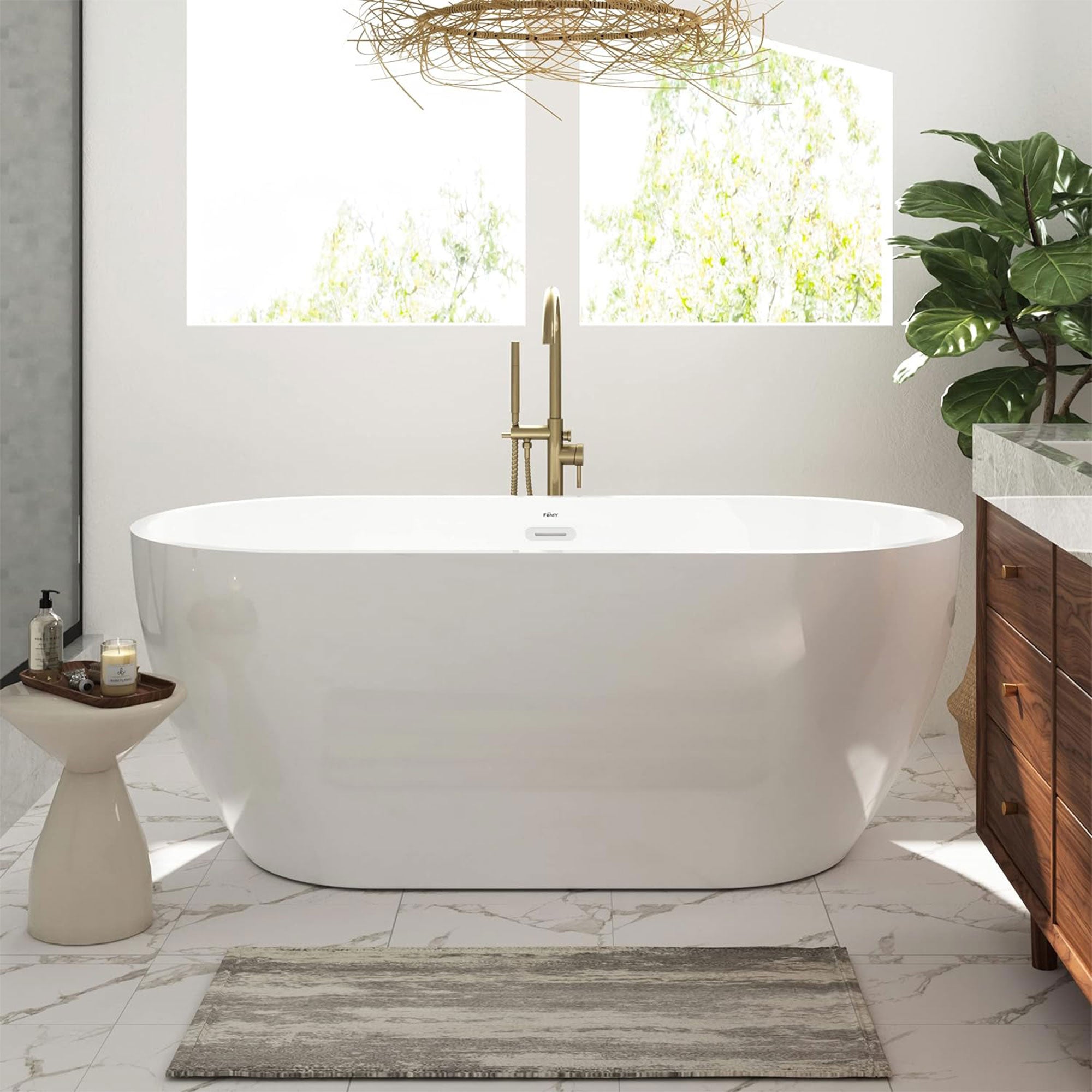 FerdY Bali 59 In Glossy Acrylic Bathtub w/Polished Chrome Drain (Open Box) - VMInnovations