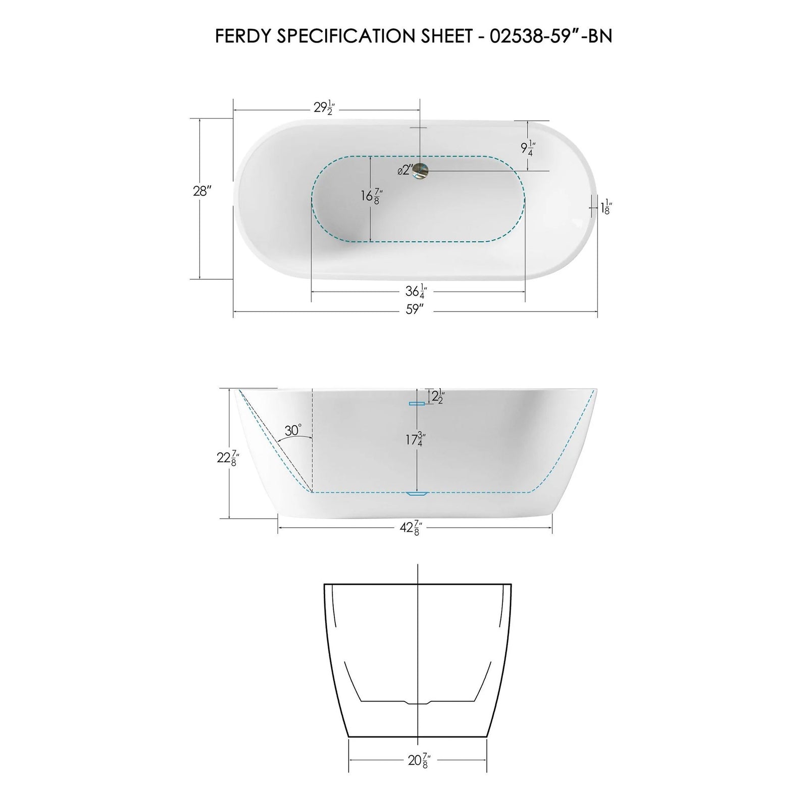 FerdY Bali 59"Glossy Acrylic Freestanding Bathtub w/Brushed Nickel Drain (Used) - VMInnovations