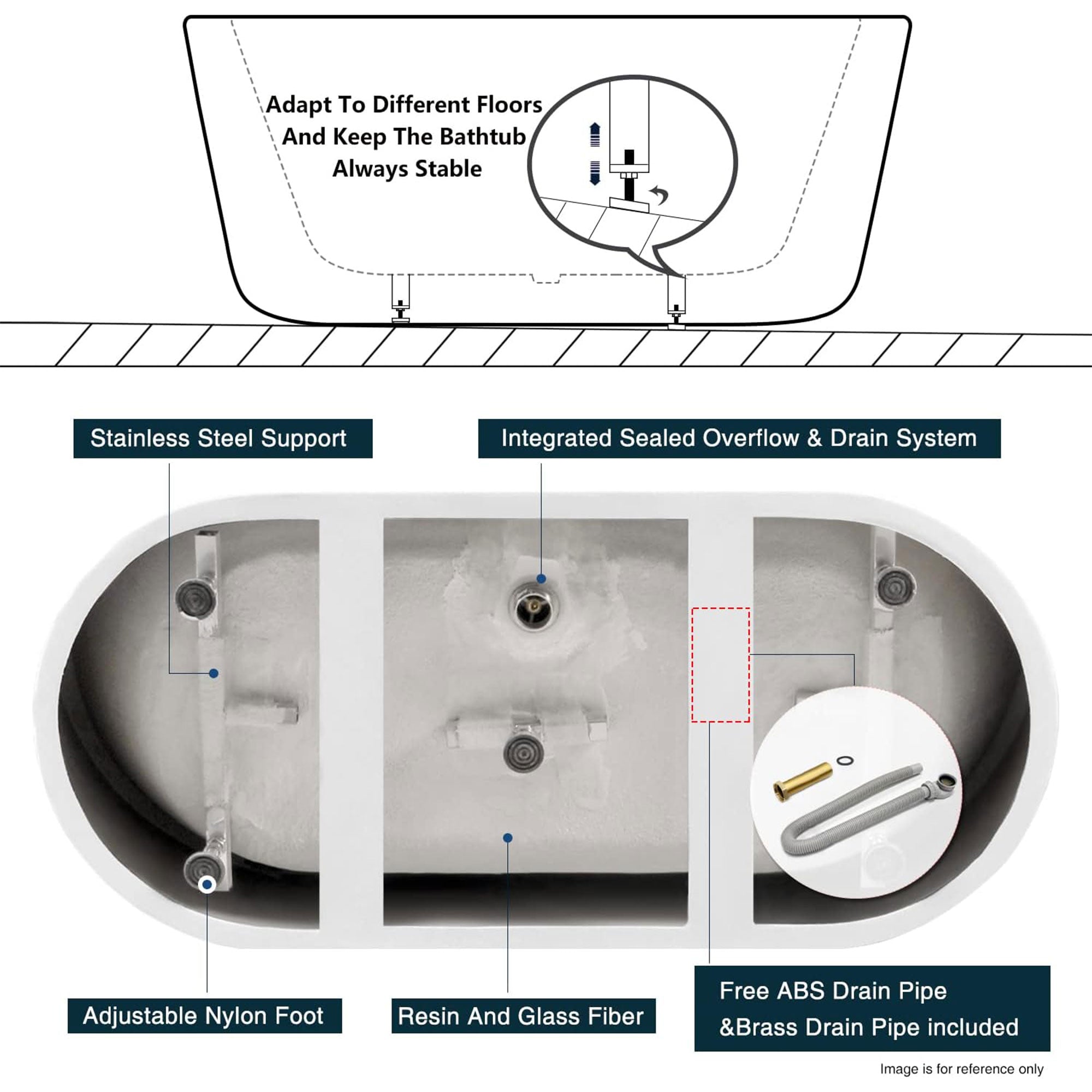 FerdY Bali 67 In Glossy Acrylic Freestanding Bathtub with Polished Chrome Drain - VMInnovations