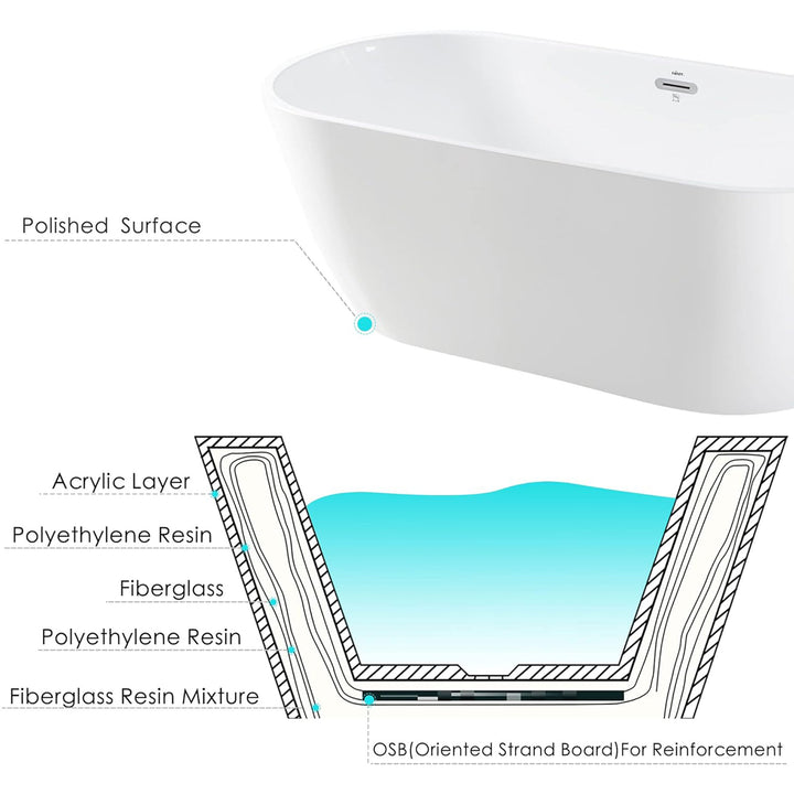 FerdY Bali 67 In Glossy Acrylic Freestanding Bathtub with Polished Chrome Drain - VMInnovations