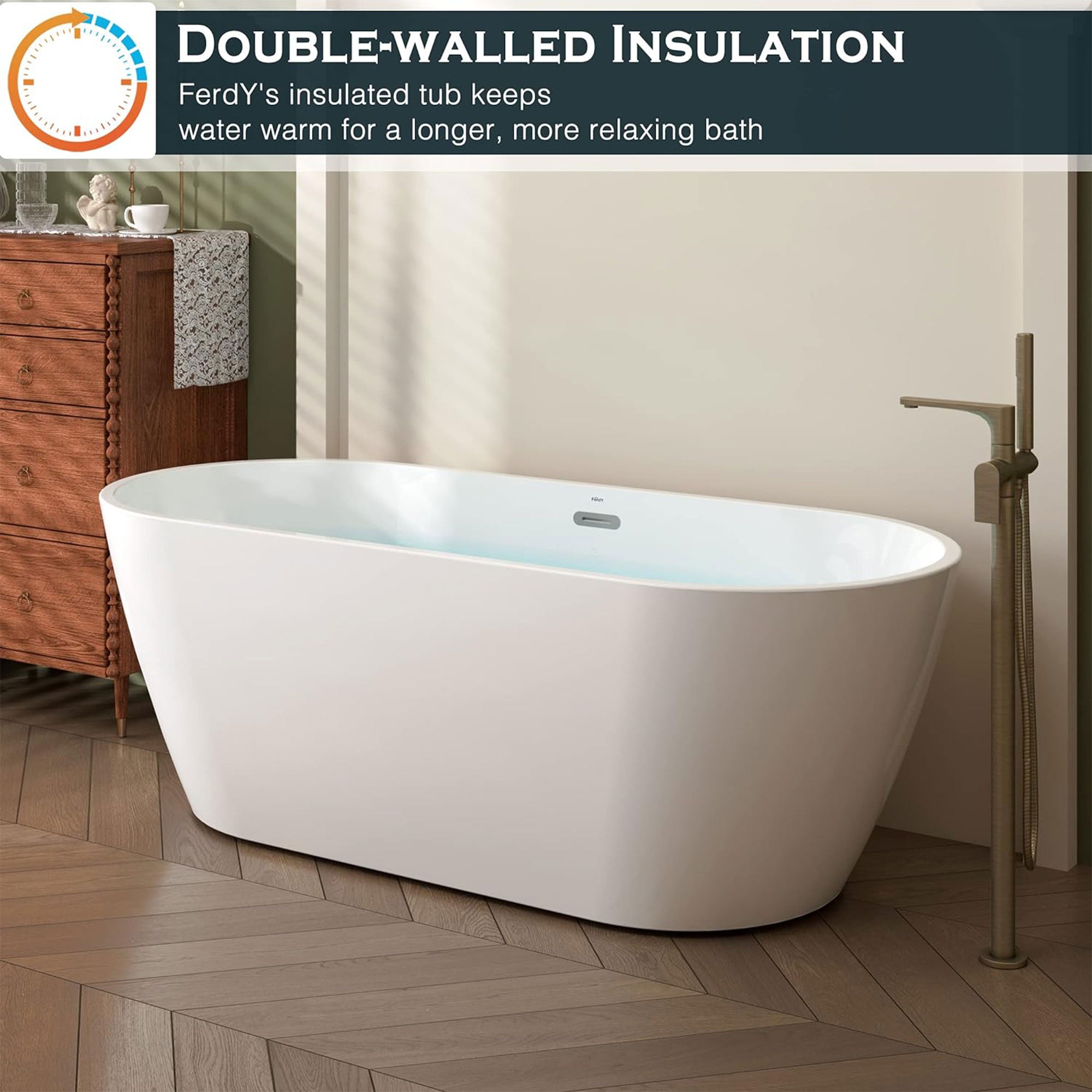 FerdY Bali 67 In Glossy Acrylic Freestanding Bathtub with Polished Chrome Drain - VMInnovations