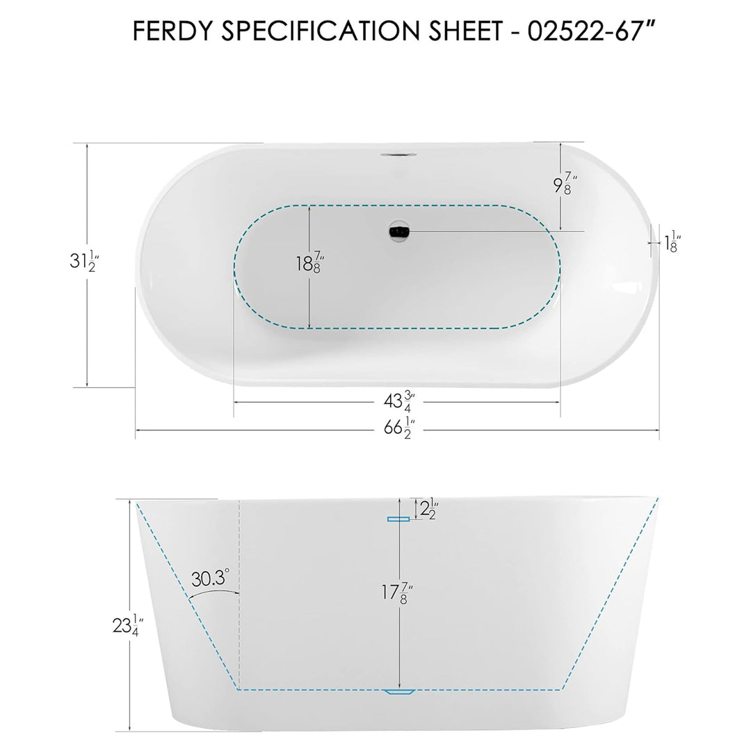 FerdY Shangri La 67 Inch Acrylic Freestanding Bathtub with Polished Chrome Drain - VMInnovations