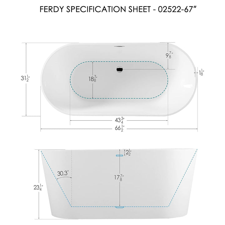 FerdY Shangri La 67 Inch Acrylic Freestanding Bathtub with Polished Chrome Drain - VMInnovations