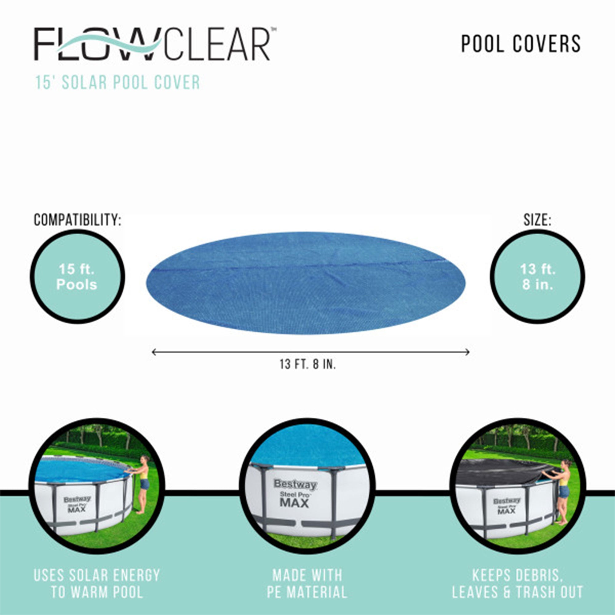 Bestway Flowclear 14 Feet Round Above Ground Pool Solar Pool Cover Only, 2 Pack
