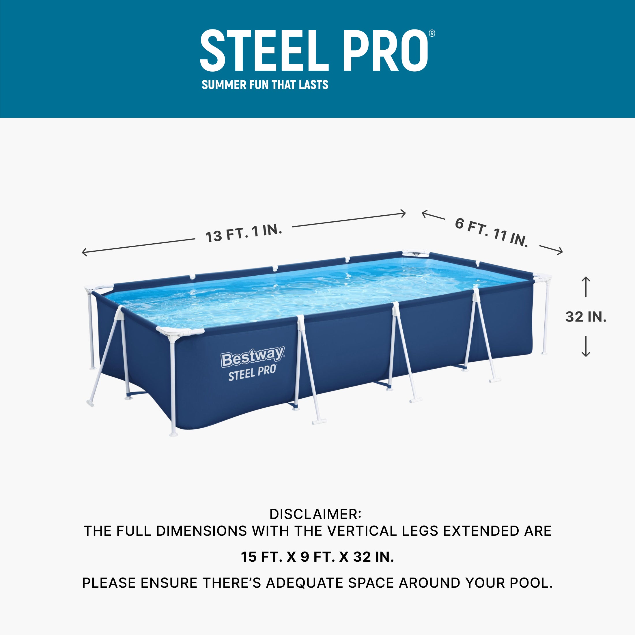 Bestway 13 Foot x 32 Inch Rectangular Above Ground Swimming Pool, Blue(Open Box)