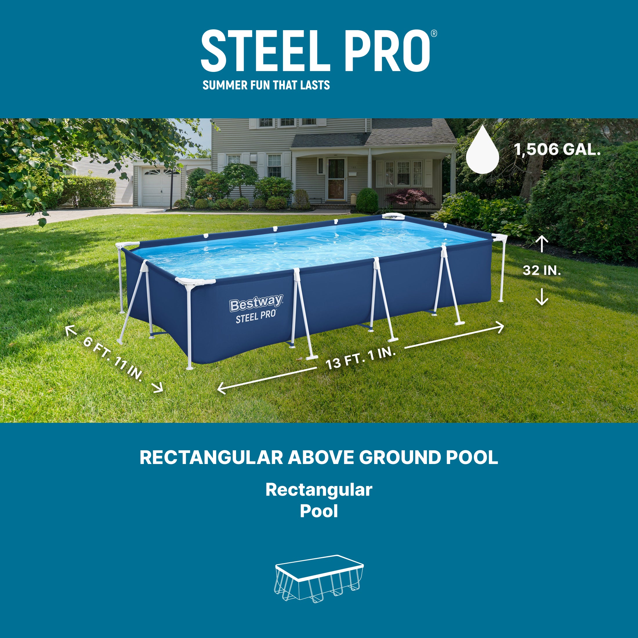 Bestway 13 Foot x 32 Inch Rectangular Above Ground Swimming Pool, Blue(Open Box)