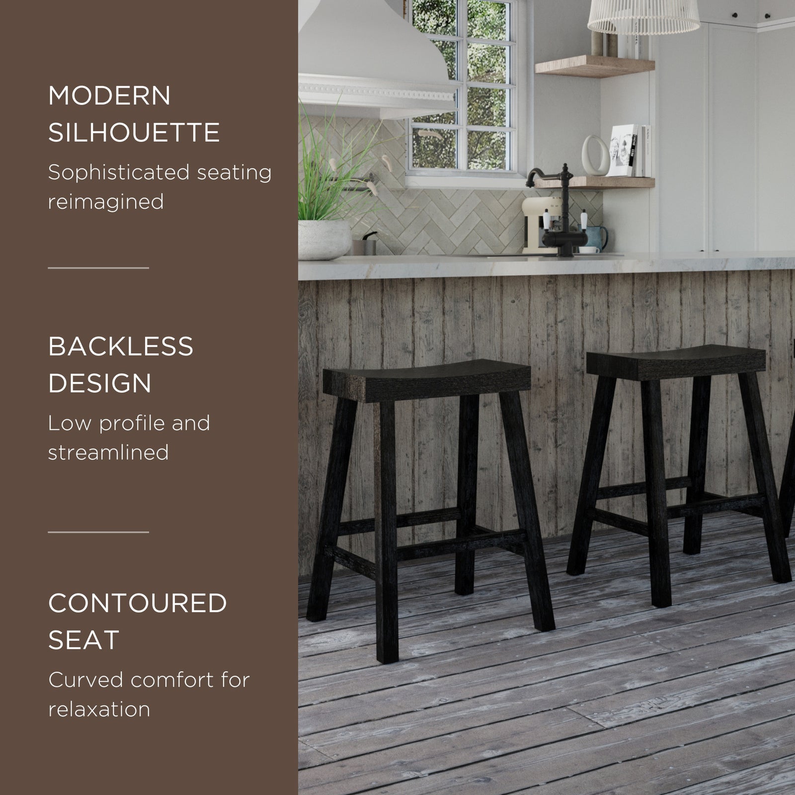 Maven Lane Vincent Wooden Rustic Aesthetic Kitchen Counter Stool, Antiqued Black Finish - VMInnovations