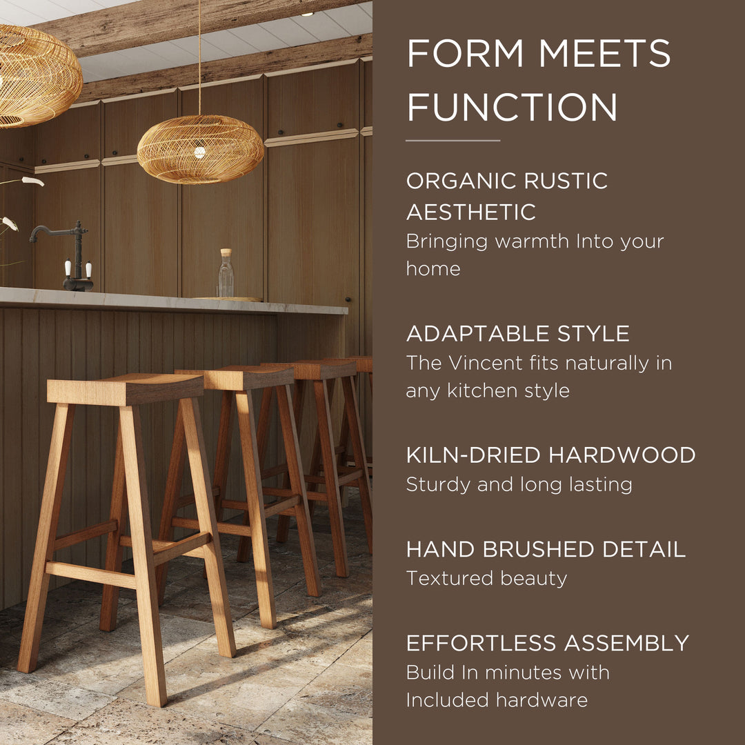 Maven Lane Vincent Wooden Rustic Aesthetic Kitchen Bar Stool, Set of 3 - VMInnovations