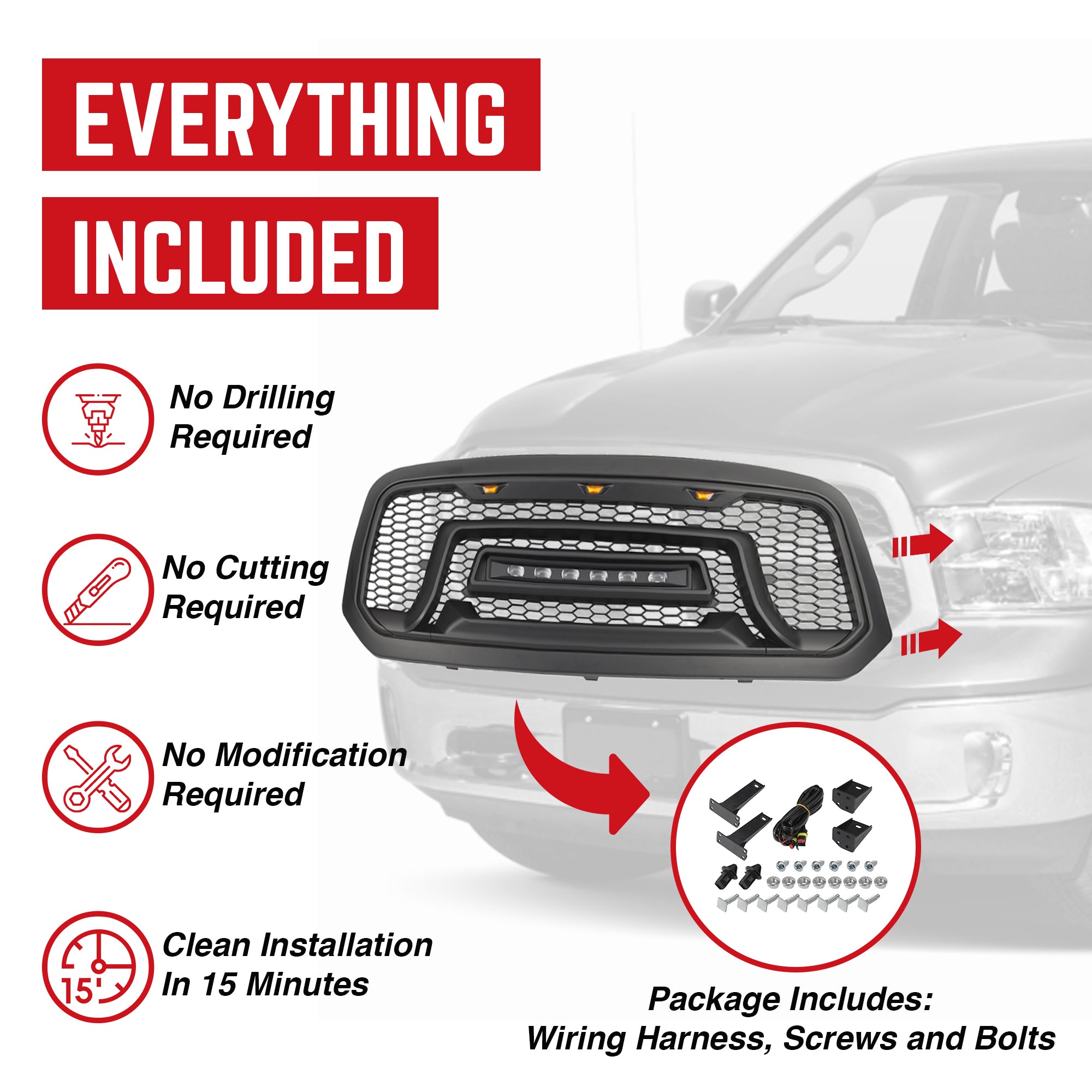 AMERICAN MODIFIED Armor Grille w/Off Road Lights for 13-18 Dodge Ram 1500 (Used) - VMInnovations