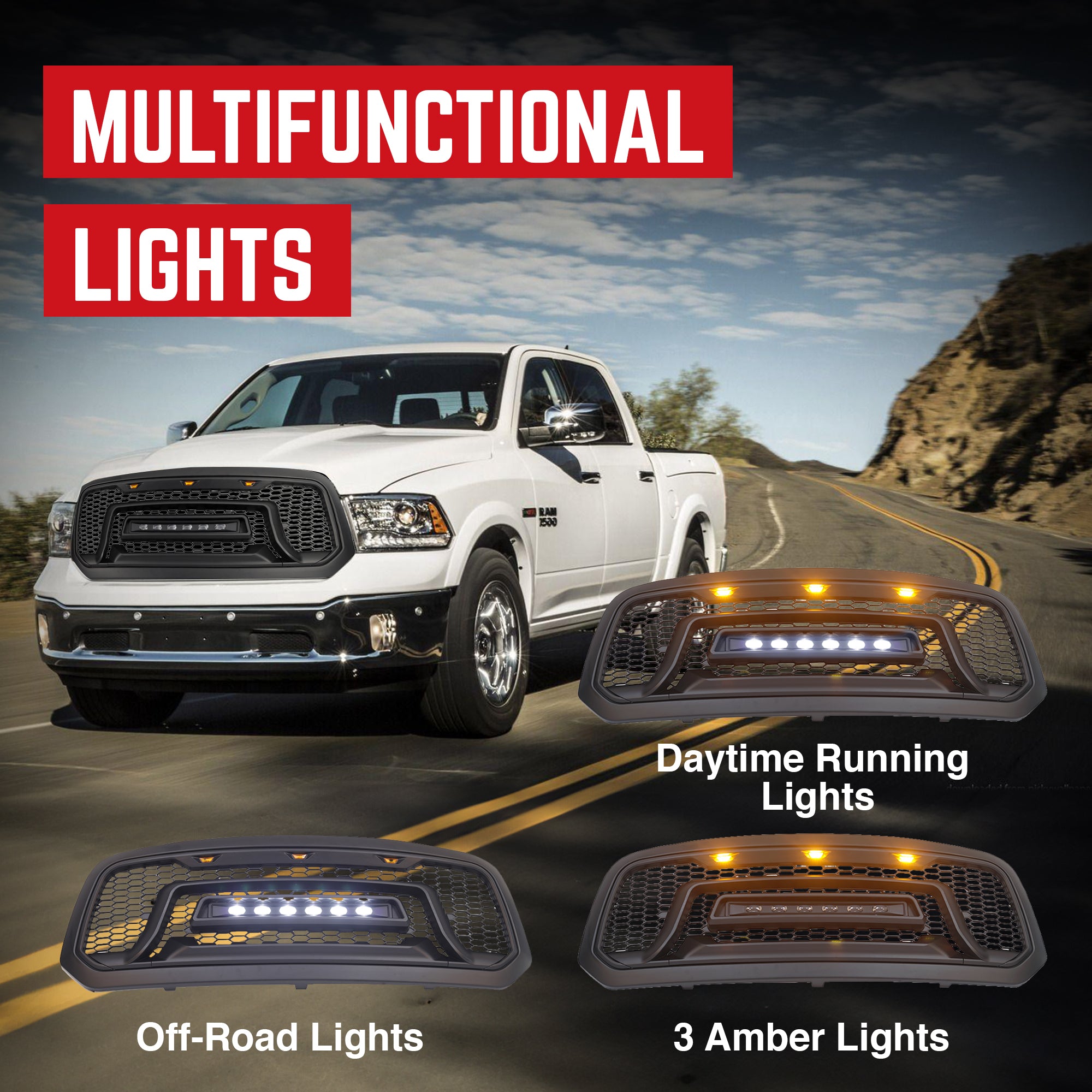 AMERICAN MODIFIED Armor Grille with Off Road Lights for 2013-2018 Dodge Ram 1500 - VMInnovations