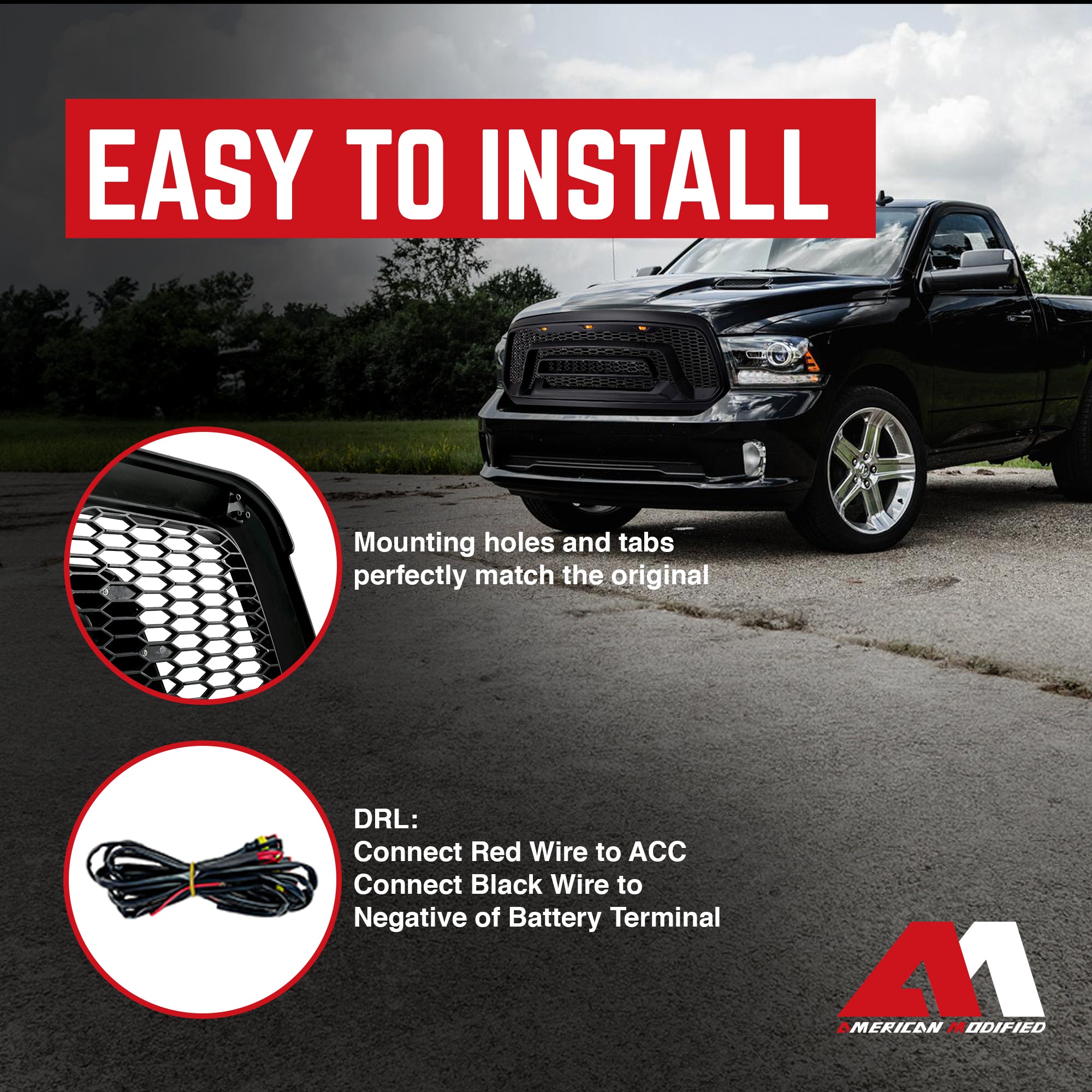 AMERICAN MODIFIED Rebel Grille with Amber Lights for 2013-2018 Dodge Ram 1500 - VMInnovations