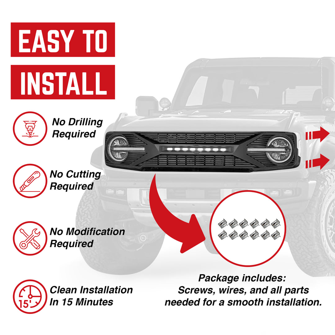 AMERICAN MODIFIED Front Grille w/ Lights for 21-24 Ford Bronco w/o Front Camera - VMInnovations