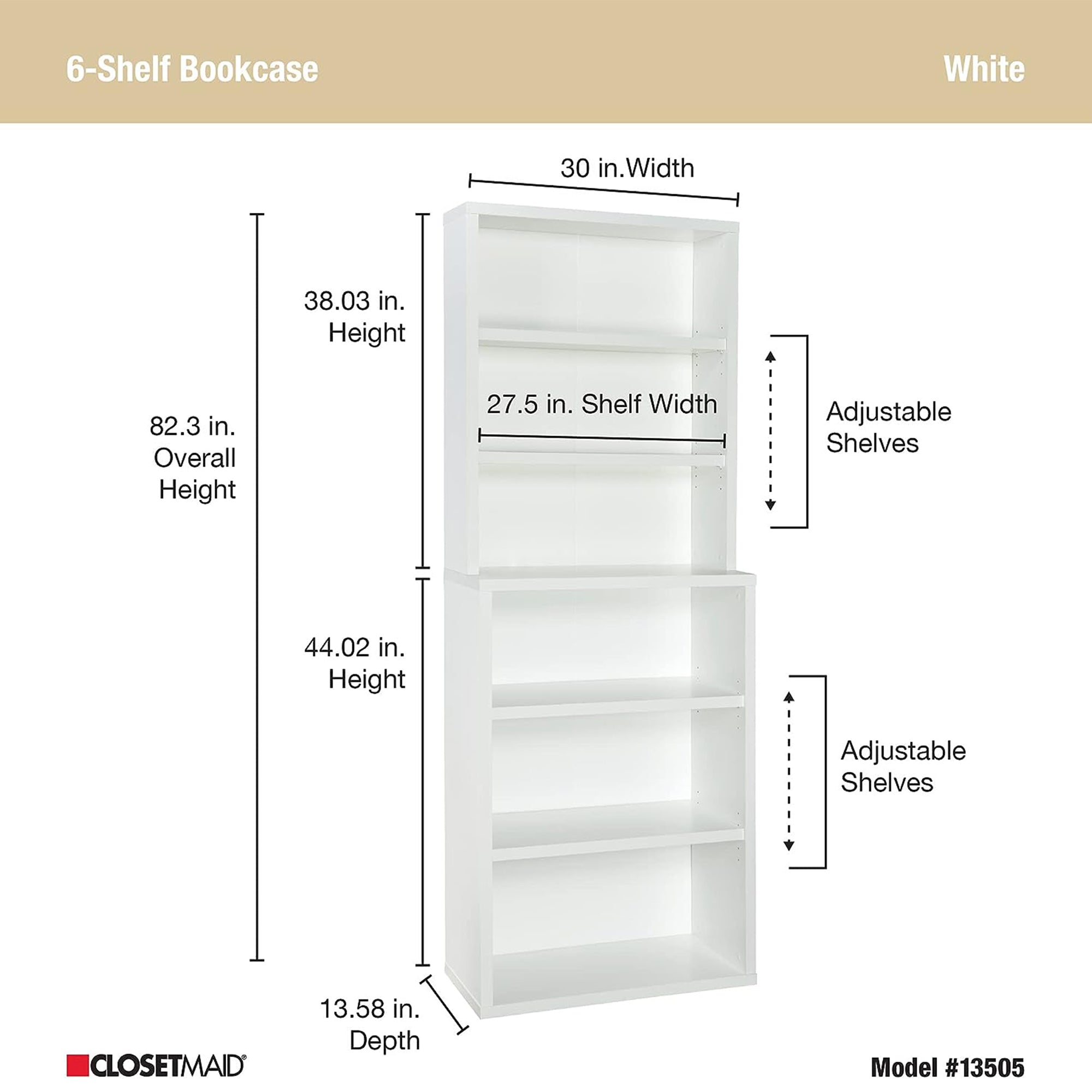 ClosetMaid 6 Tier Bookshelf with Adjustable Shelves and Closed Back Panel, White - VMInnovations