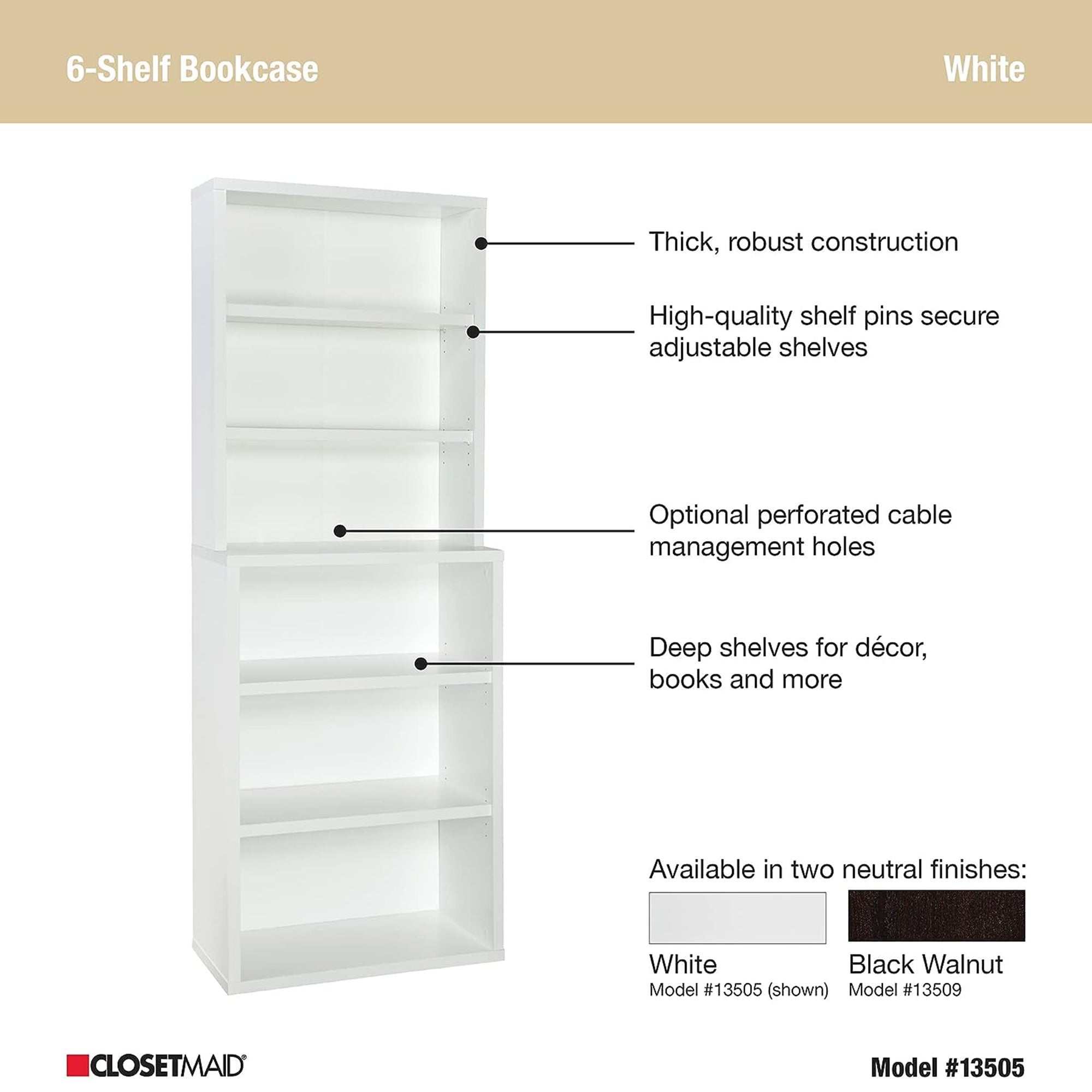 ClosetMaid 6 Tier Bookshelf with Adjustable Shelves and Closed Back Panel, White - VMInnovations