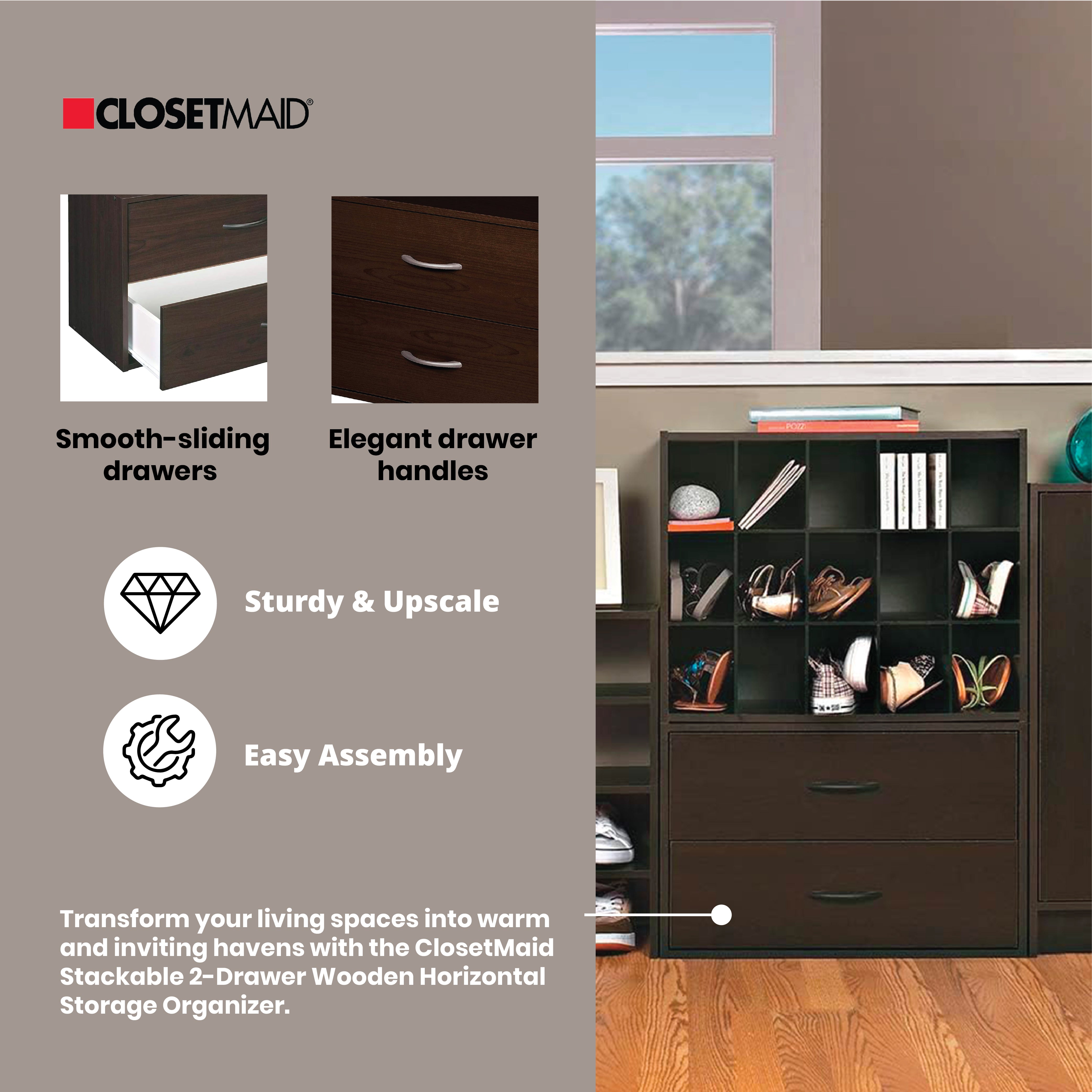 ClosetMaid Stackable 2 Drawer Wooden Horizontal Storage , Espresso (Open Box) - VMInnovations