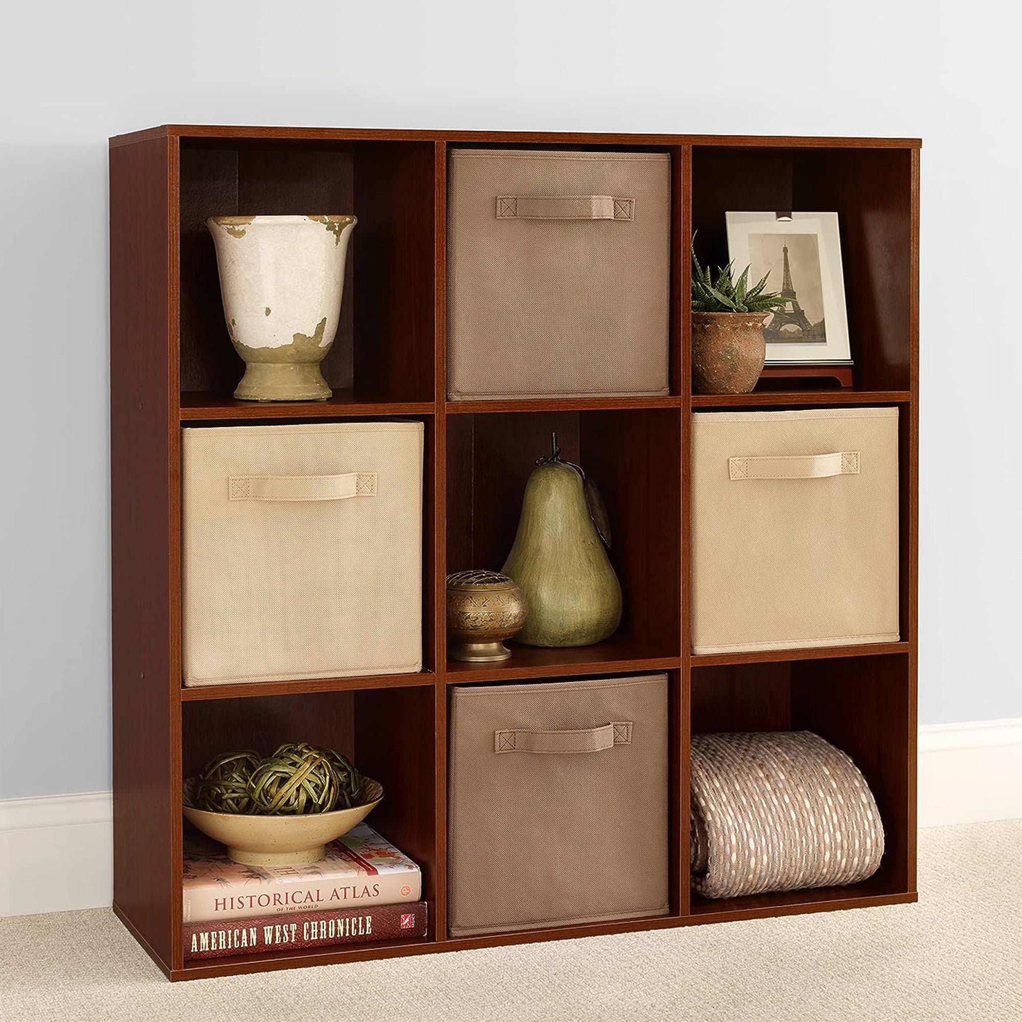 ClosetMaid 9 Cube Cubby Wood Open Bookcase Display Shelf Organizer, Dark Cherry - VMInnovations