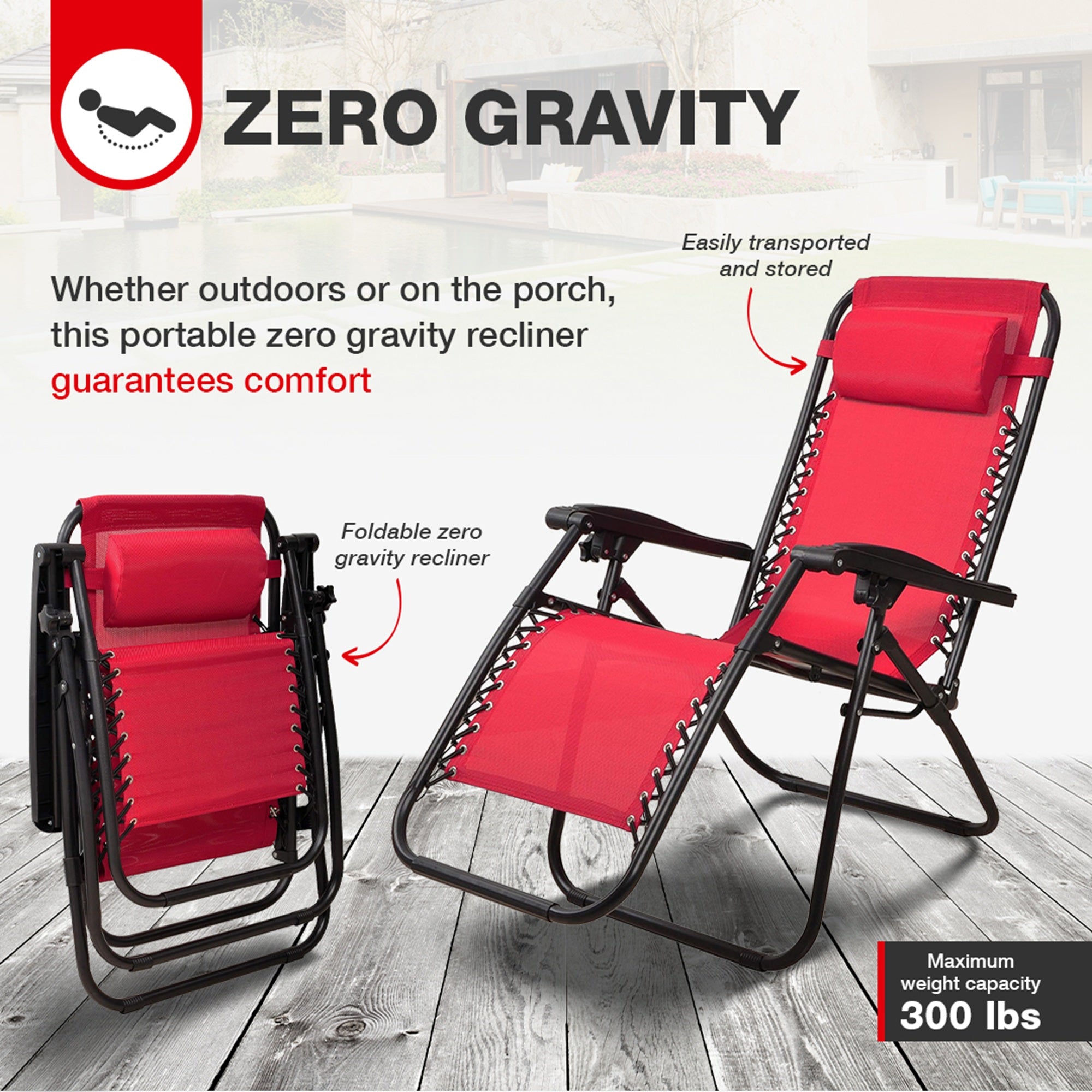 Elevon Adjustable Zero Gravity Recliner Lounge Chair for Outdoor Deck, Burgundy