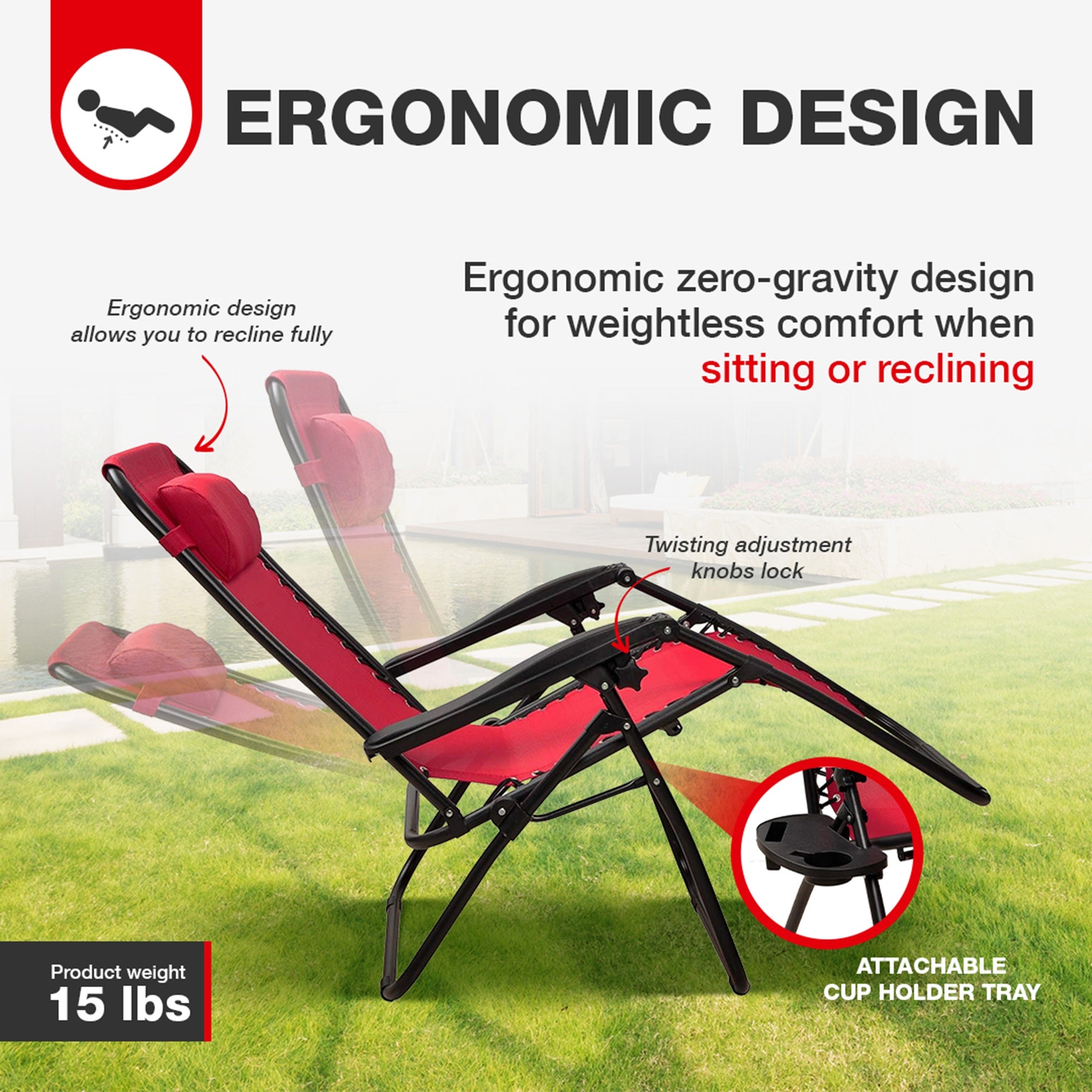 Elevon Adjustable Zero Gravity Recliner Lounge Chair for Outdoor Deck, Burgundy