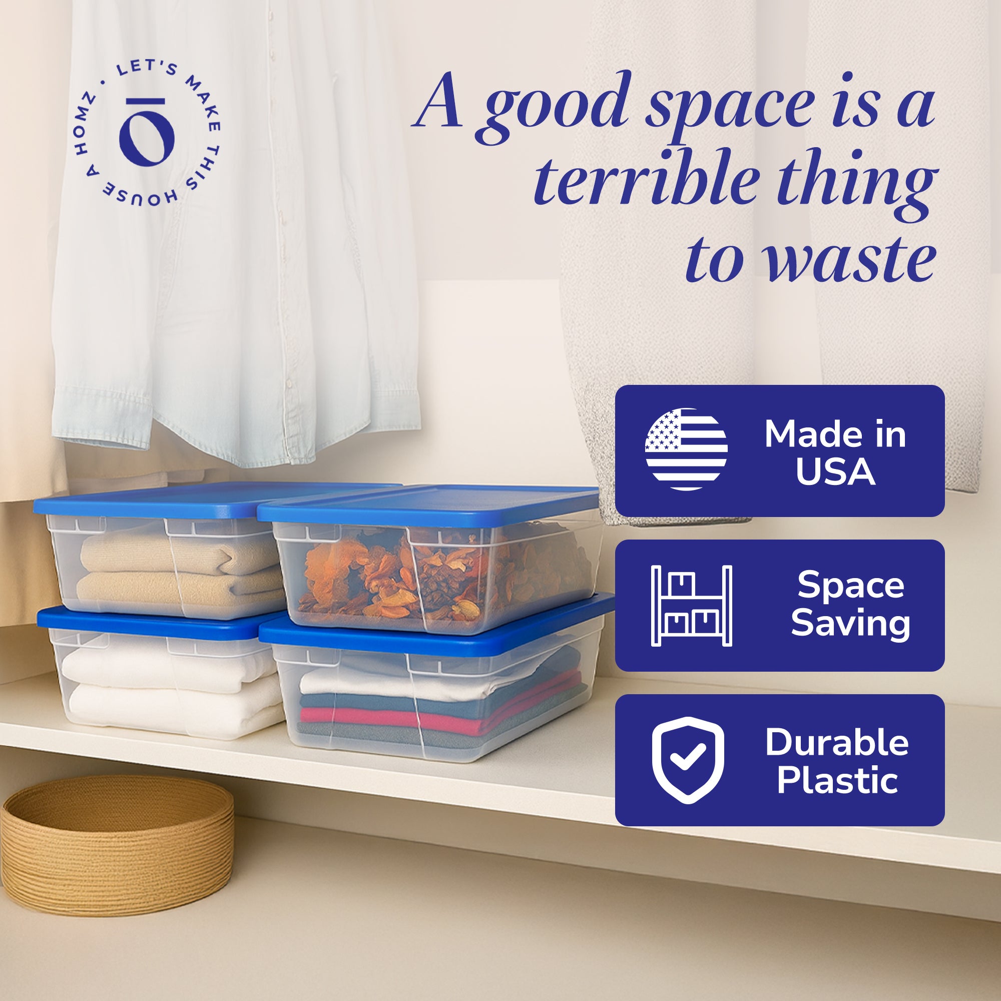 Homz Snaplock 41 Qt Stackable Plastic Storage Container w/ Lid, Blue (4 Pack)