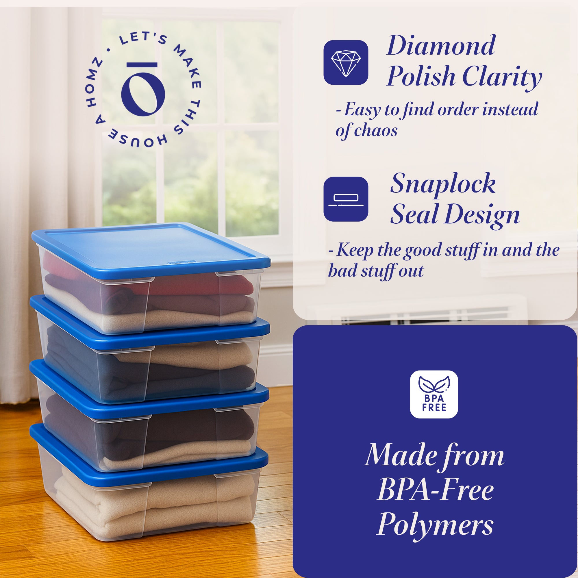 Homz 28 Qt Snaplock Clear Plastic Storage Container Bin with Lid, Blue (4 Pack) - VMInnovations