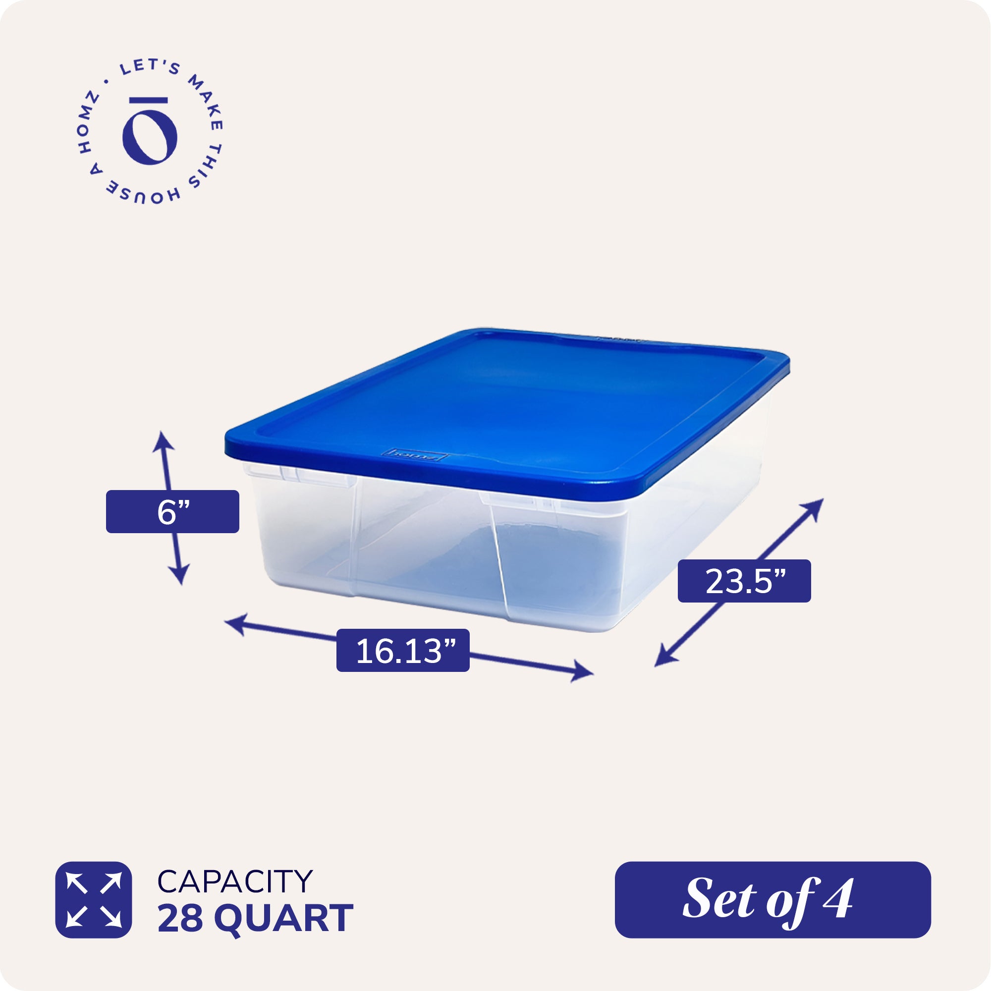 Homz 28 Qt Snaplock Clear Plastic Storage Container Bin with Lid, Blue (4 Pack) - VMInnovations