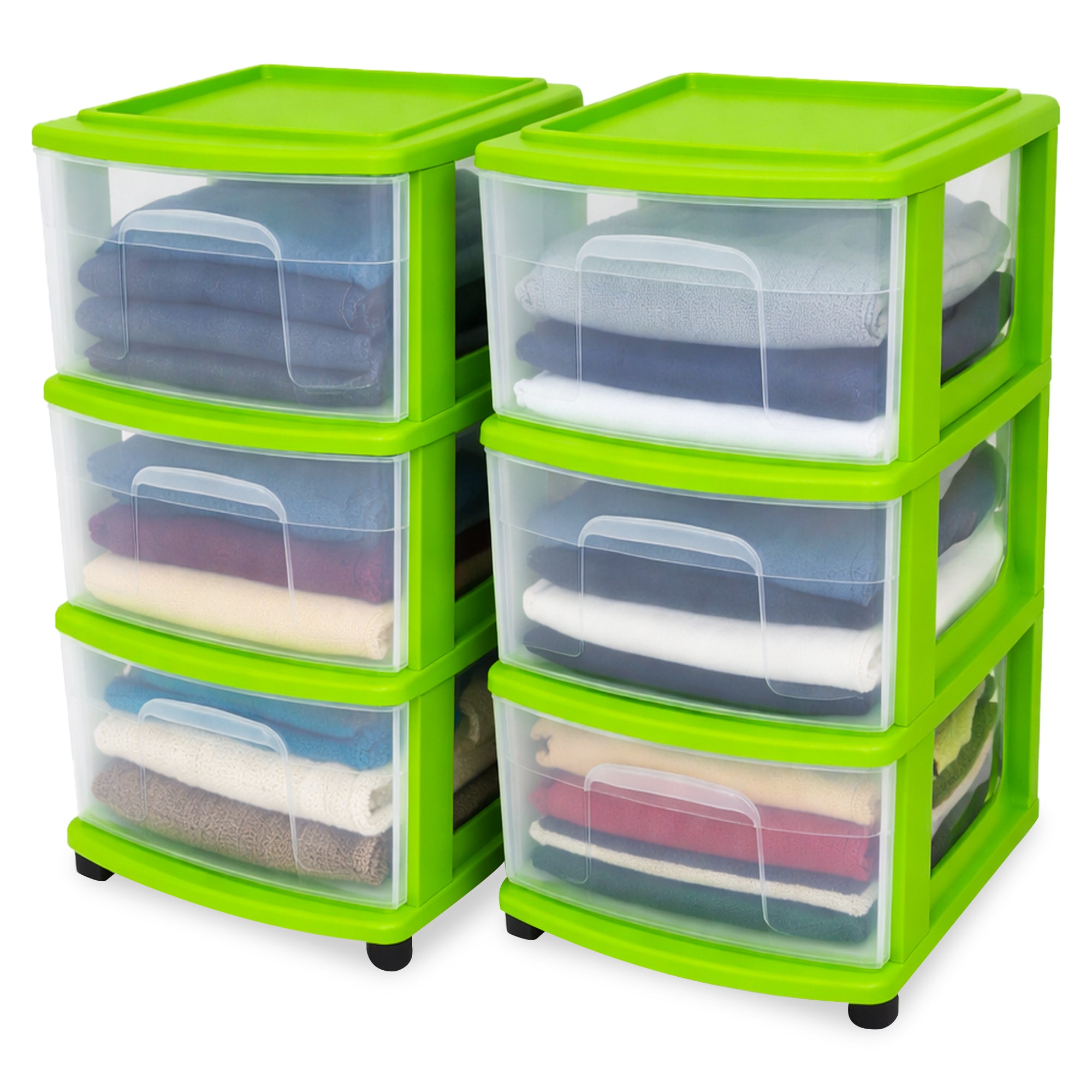 Homz 3 Drawer Medium Storage Container Tower, Clear Drawers/Lime Frame (2 Pack)