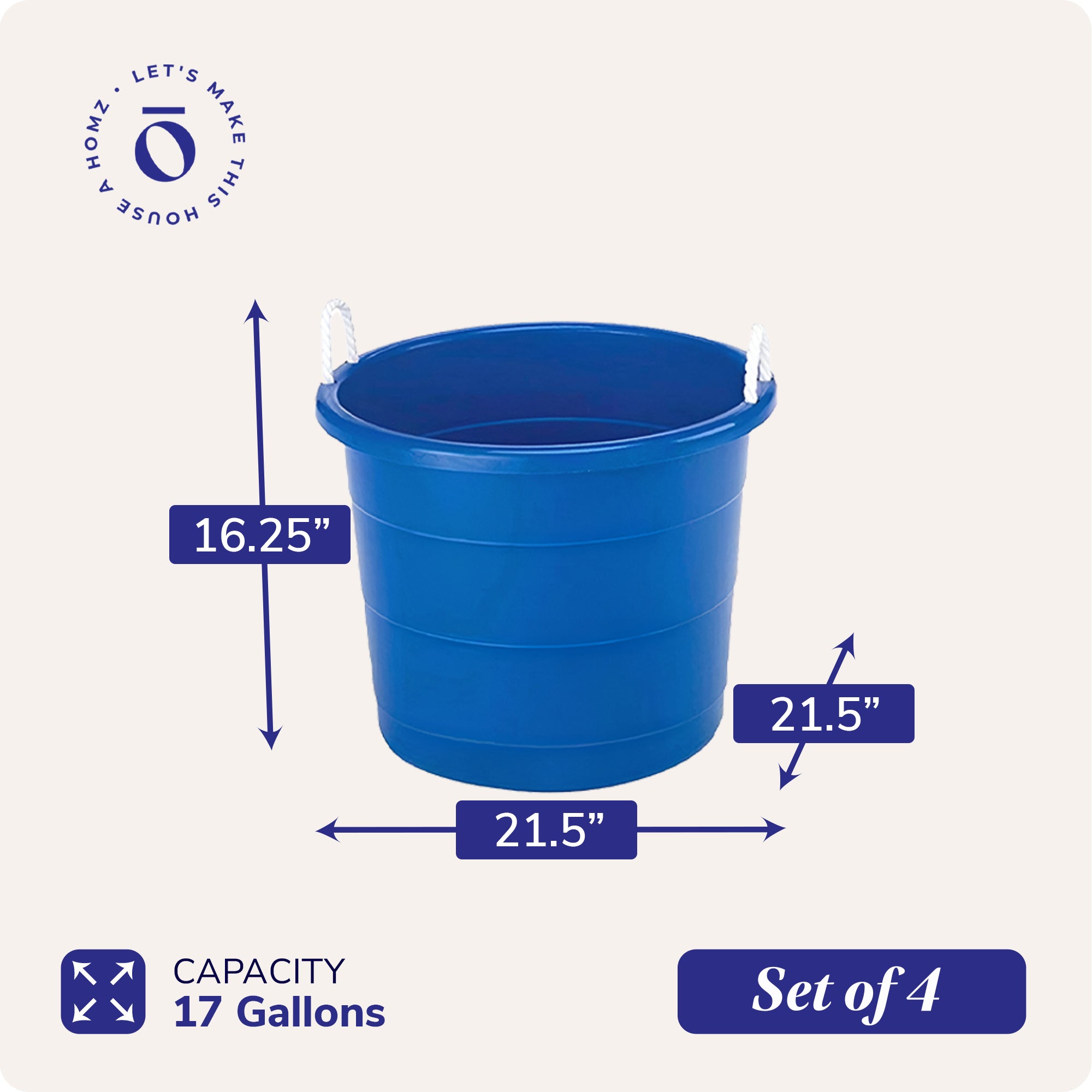 Homz 17 Gallon Indoor Outdoor Storage Bucket with Rope Handles, Blue (4 Pack)