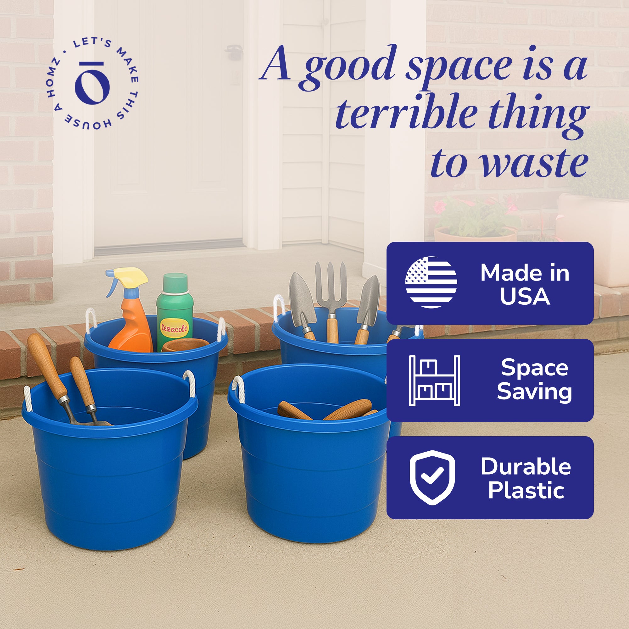 Homz 17 Gallon Indoor Outdoor Storage Bucket with Rope Handles, Blue (4 Pack)