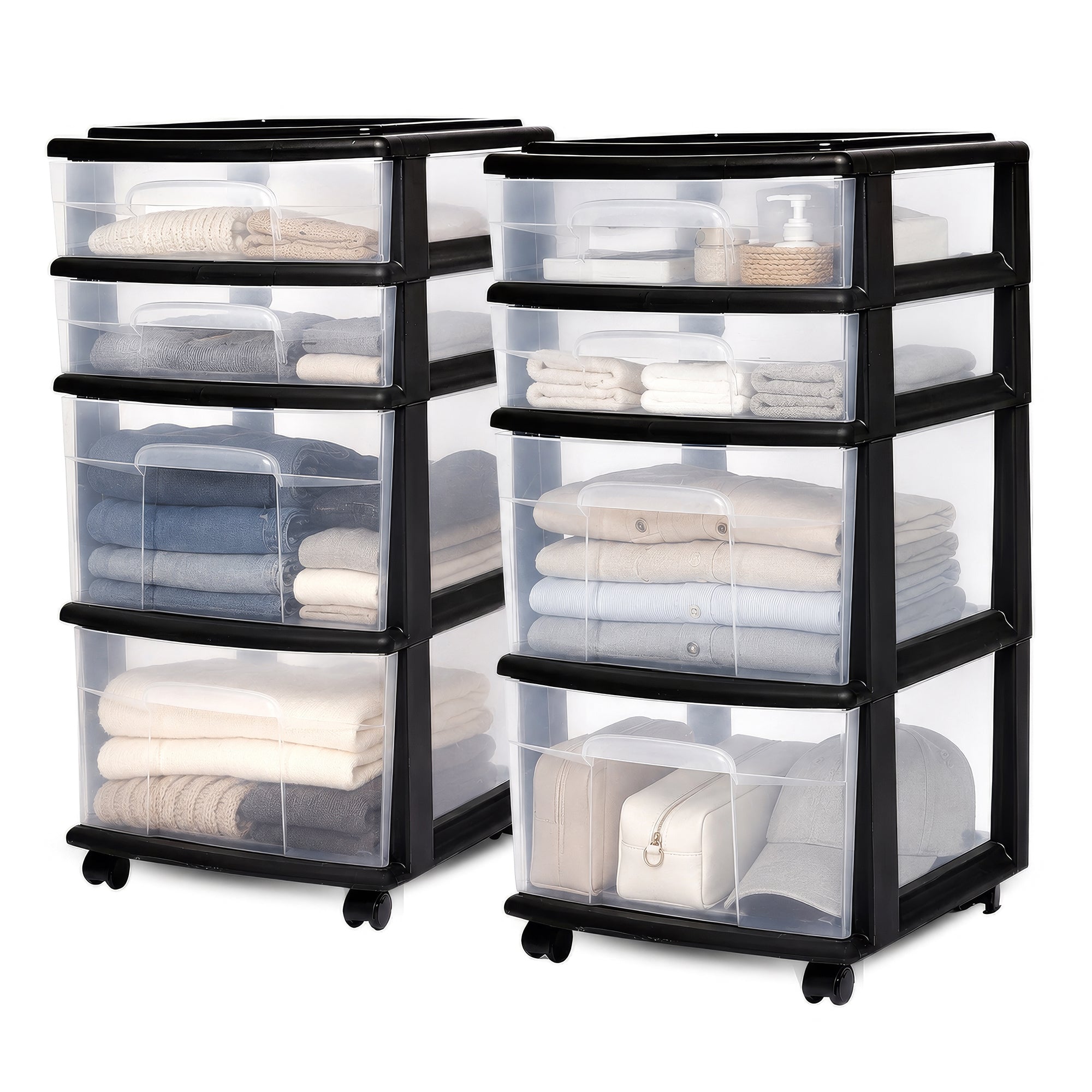Homz Plastic 4 Drawer Medium Storage Tower, Clear Drawers & Black Frame (2 Pack)