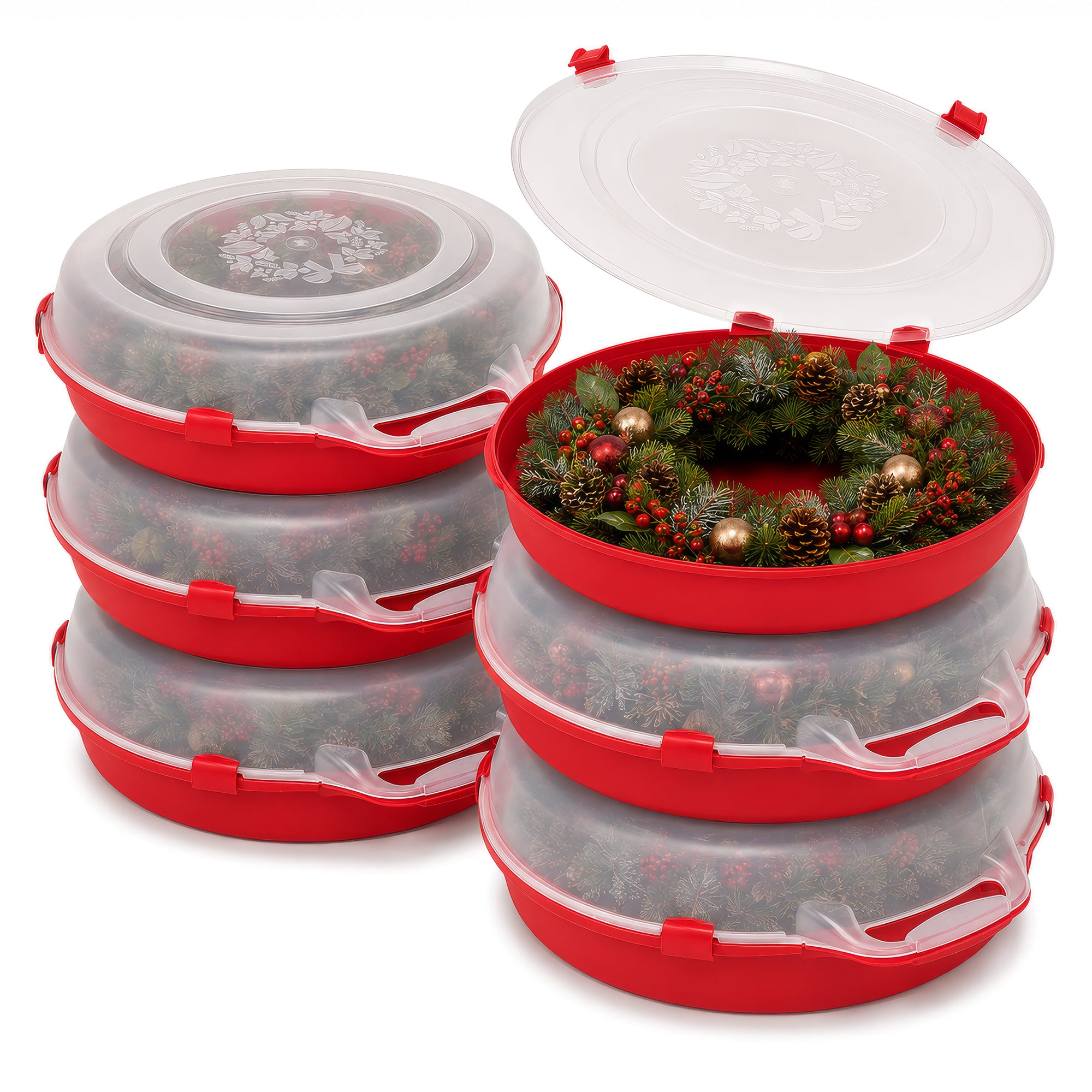Homz 24 Inch Seasonal Holiday Christmas Plastic Wreath Storage Box, Red (6 Pack)