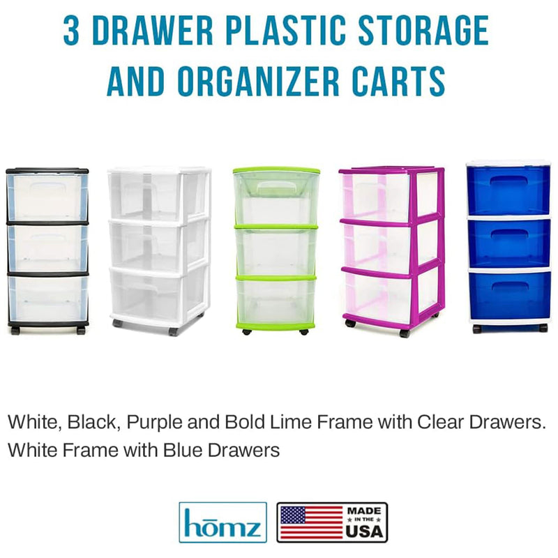 Homz Plastic 3 Drawer Medium Storage Tower, Clear Drawers/White Frame (2 Pack)