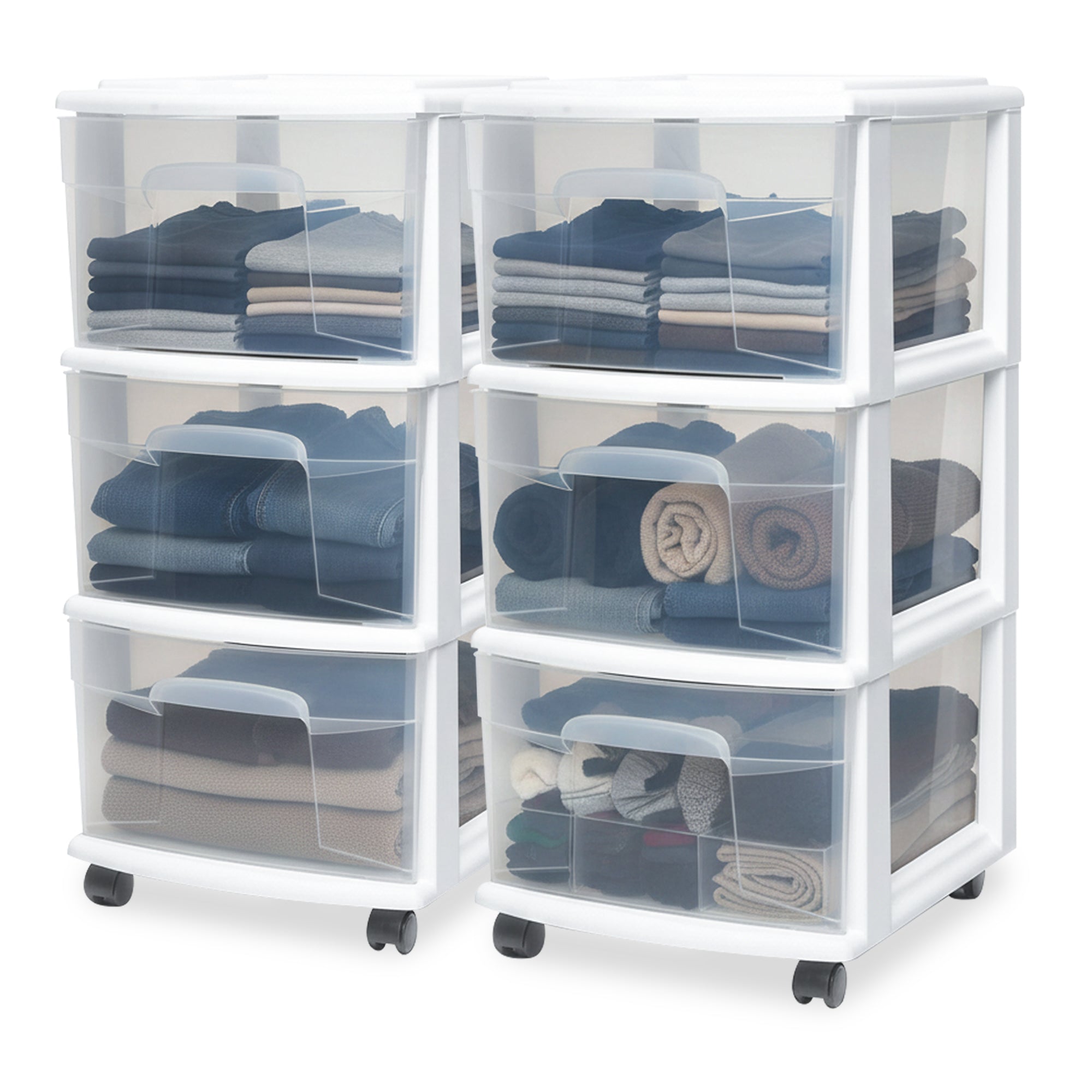 Homz Plastic 3 Drawer Medium Storage Tower, Clear Drawers/White Frame (2 Pack) - VMInnovations