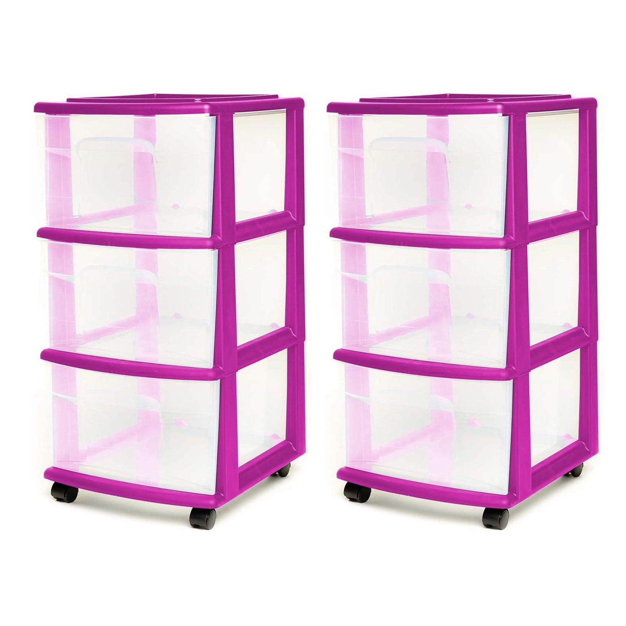 Homz Plastic 3 Drawer Medium Storage Container Tower, Purple Frame (2 Pack) - VMInnovations