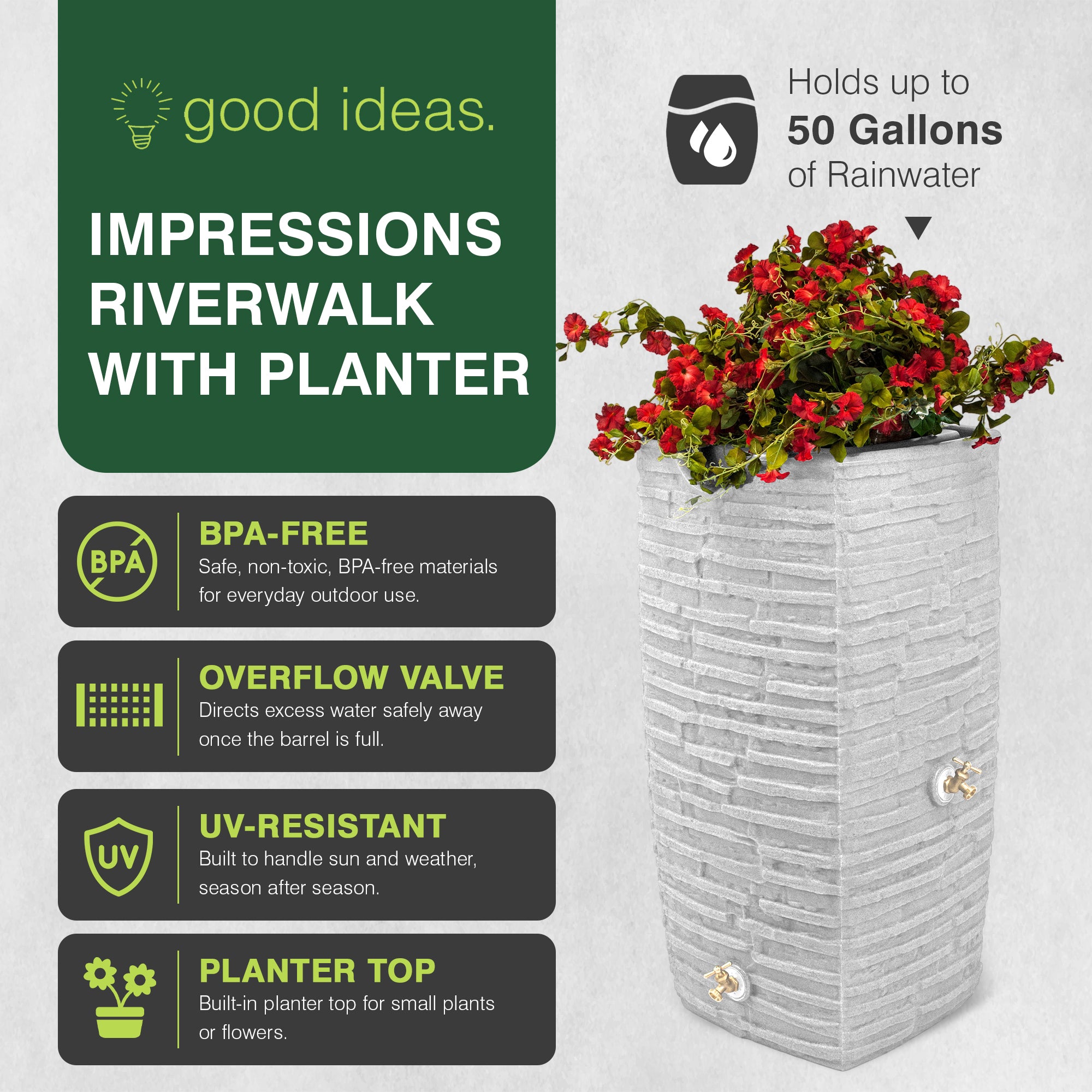 Good Ideas Impressions 50 Gal Rain Saver w/Spigots, Light Granite (Open Box) - VMInnovations