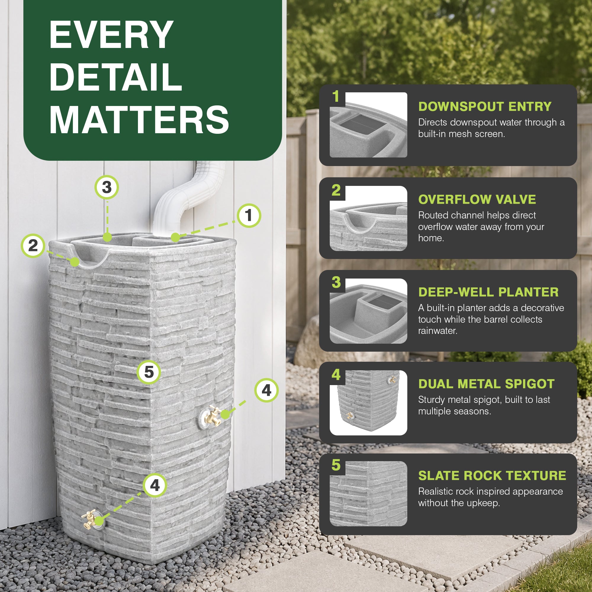 Good Ideas Impressions Riverwalk 50 Gal Rain Saver with Spigots, Light Granite