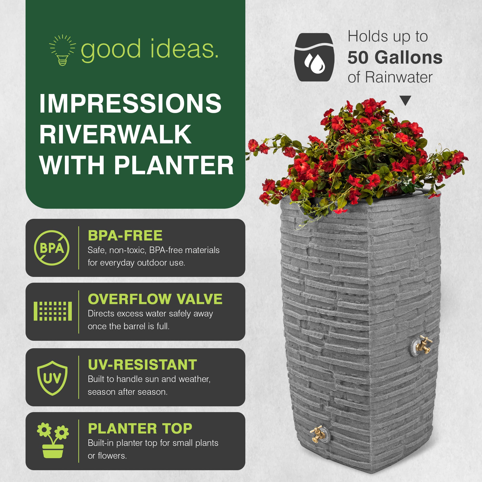 Good Ideas Impressions Riverwalk 50 Gal Rain Saver with Spigots, Dark Granite