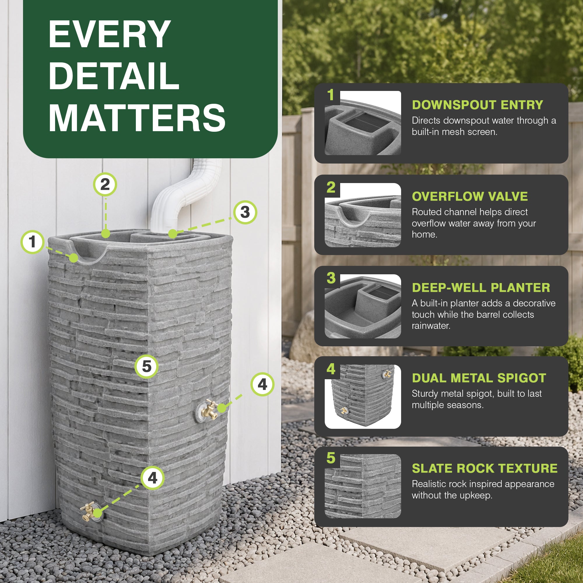 Good Ideas Impressions Riverwalk 50 Gal Rain Saver with Spigots, Dark Granite