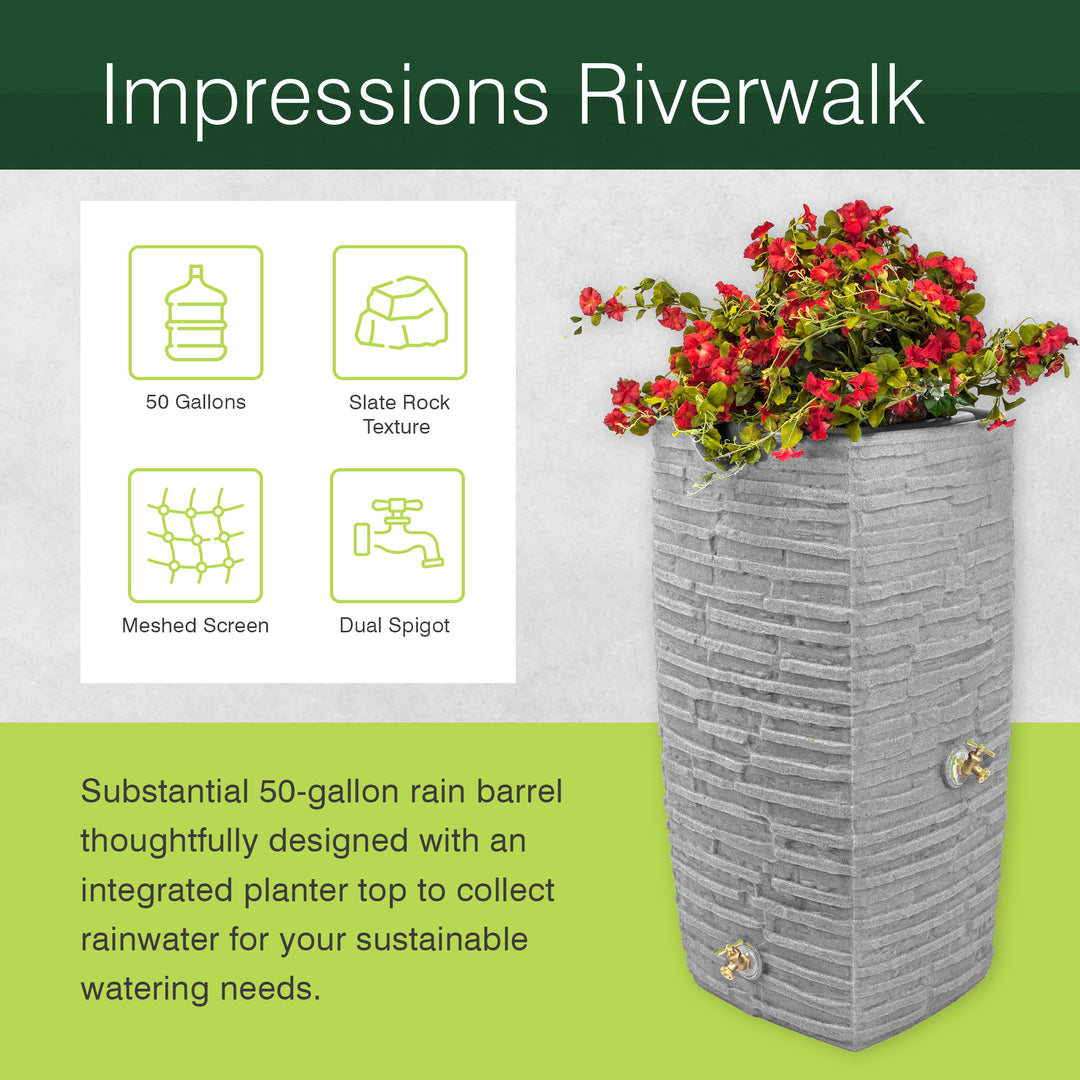 Good Ideas Impressions Riverwalk 50 Gal Rain Saver with Spigots, Dark Granite