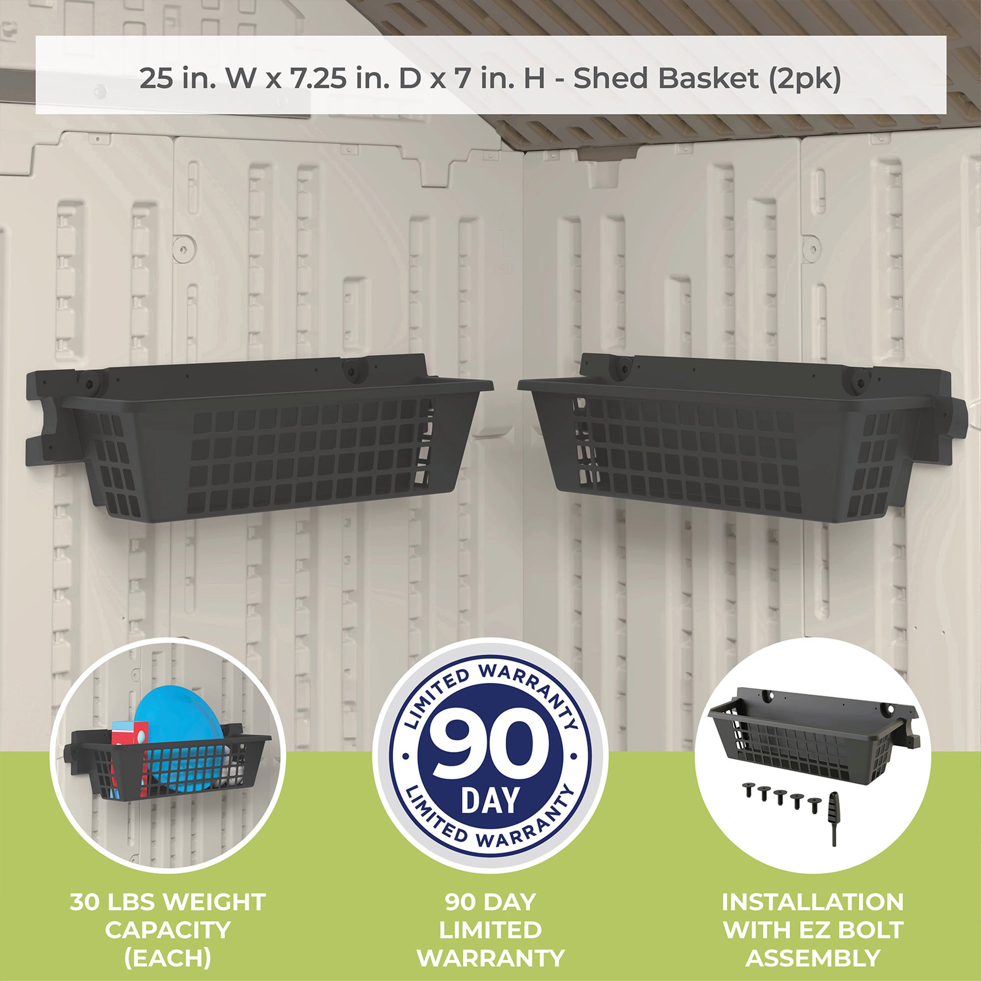 Suncast BMS2500 Horizontal Outdoor Storage Shed, 2 Pack BMSBSKT2PK Basket, Black