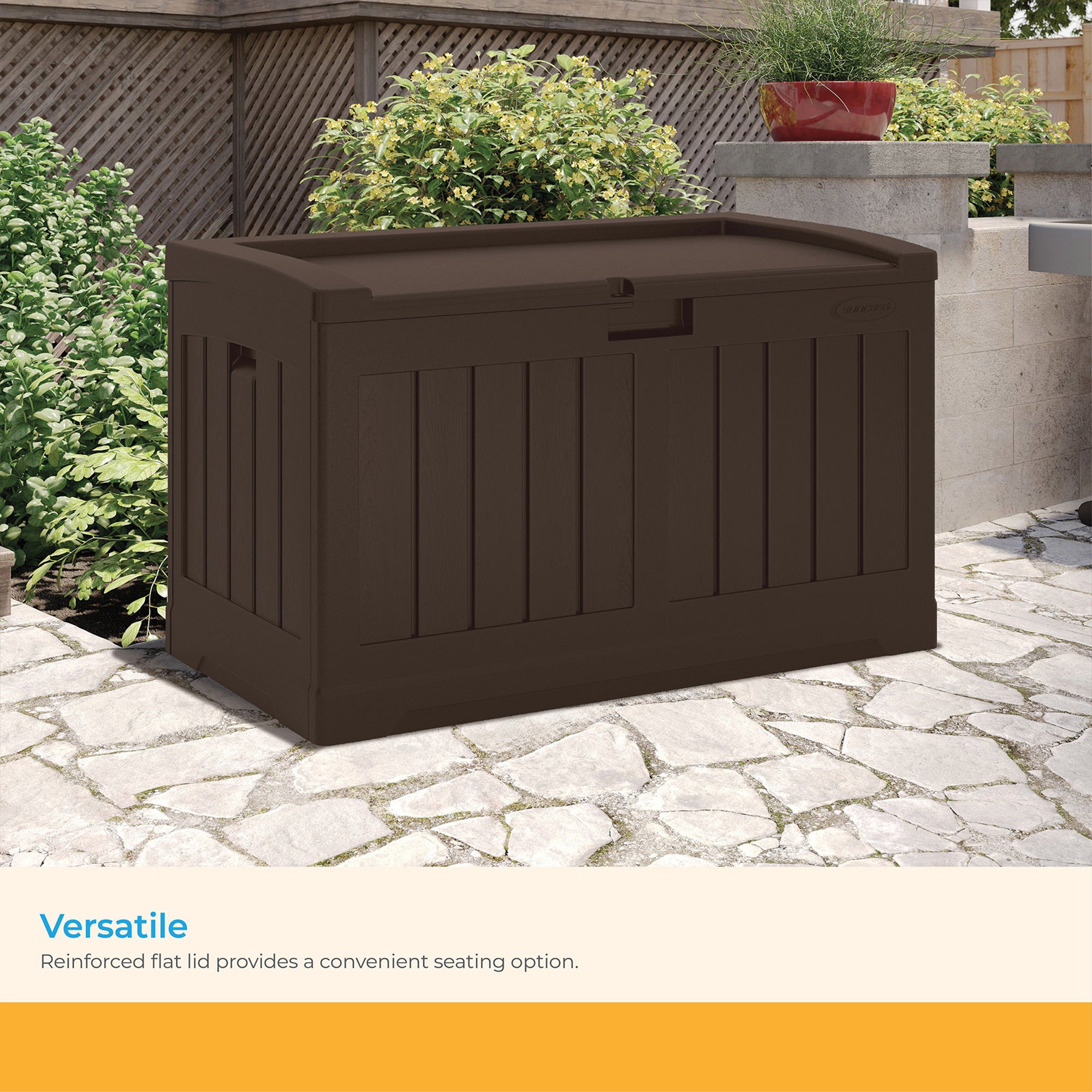 Suncast 50 Gallon Medium Capacity Resin Outdoor Storage Deck Box with Seat, Java - VMInnovations