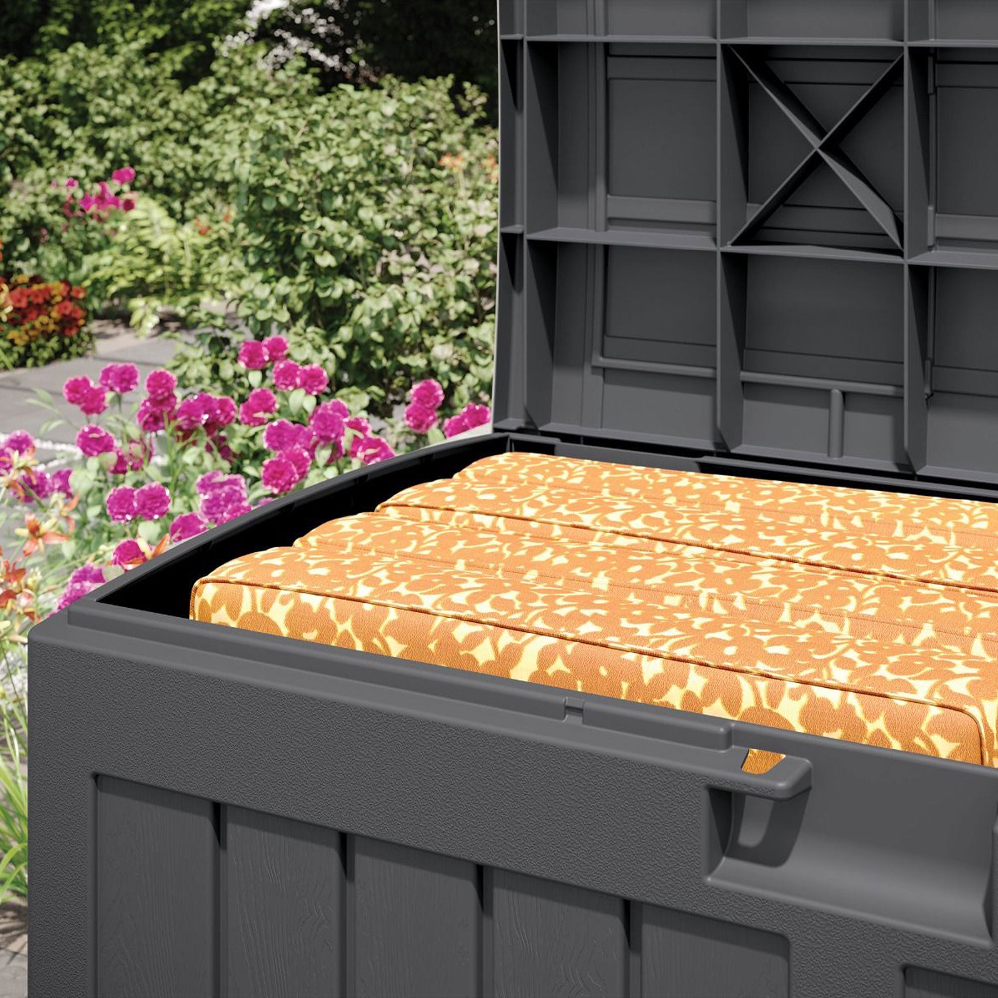 Suncast 50 Gallon Medium Resin Outdoor Storage Deck Box with Lid, Peppercorn - VMInnovations