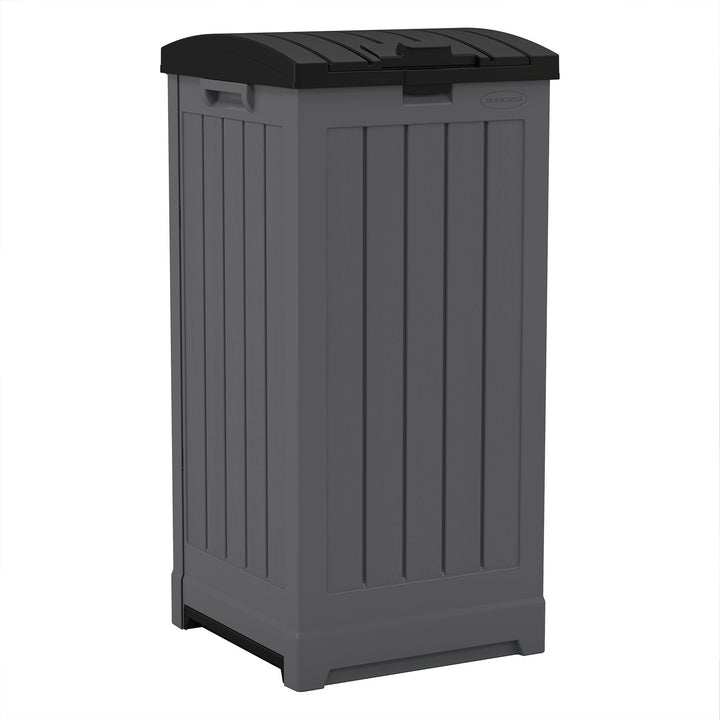 Suncast Trash Hideaway 39 Gallon Outdoor Trash Can Patio Waste Bin, Peppercorn - VMInnovations